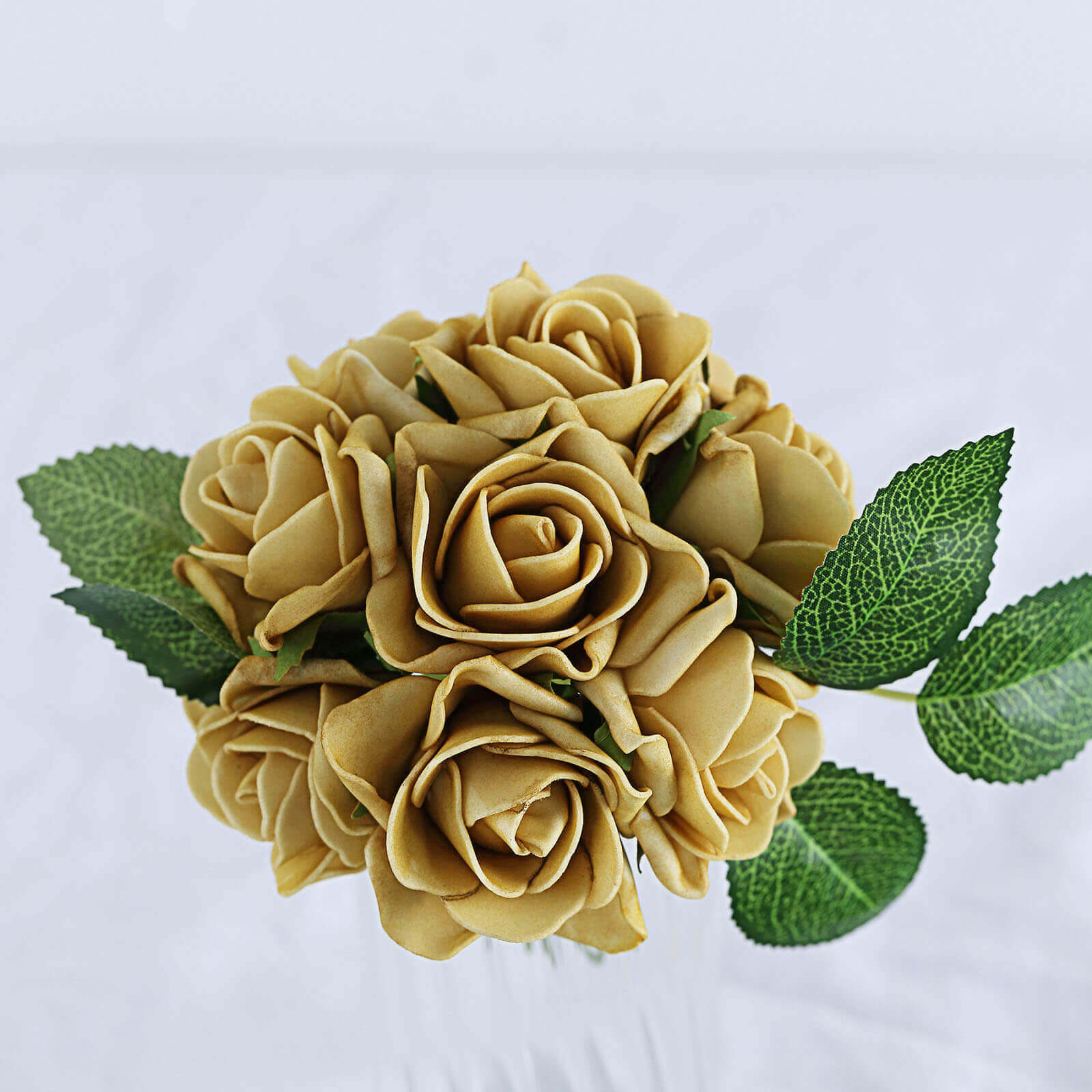 24 Roses 2" Gold Artificial Foam Flowers With Stem Wire and Leaves