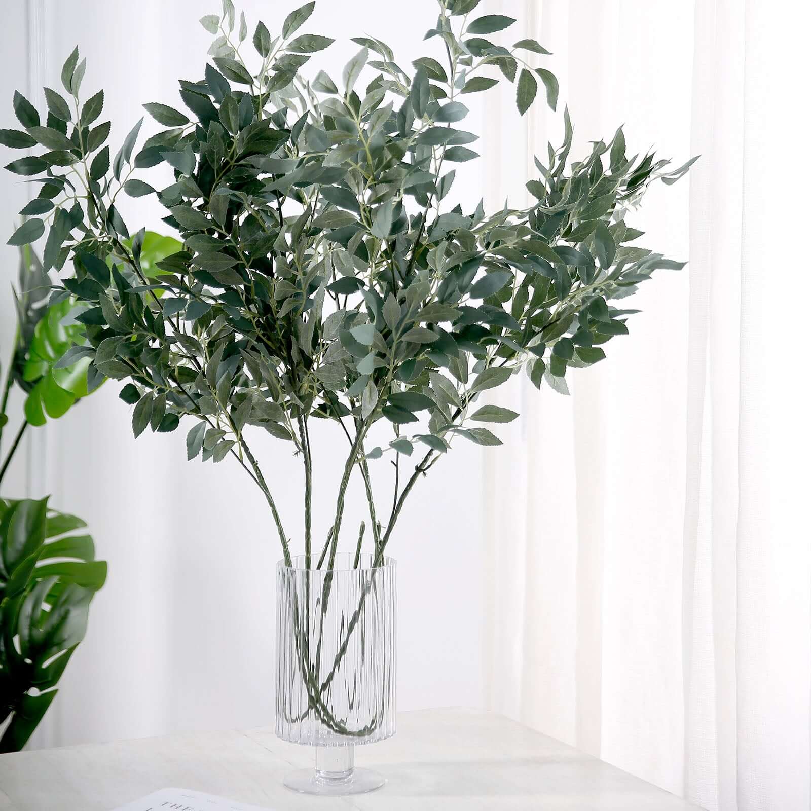 2 Bushes 42" Tall Frosted Green Artificial Silk Beech Leaf Branches, Faux Plant Stem Vase Fillers