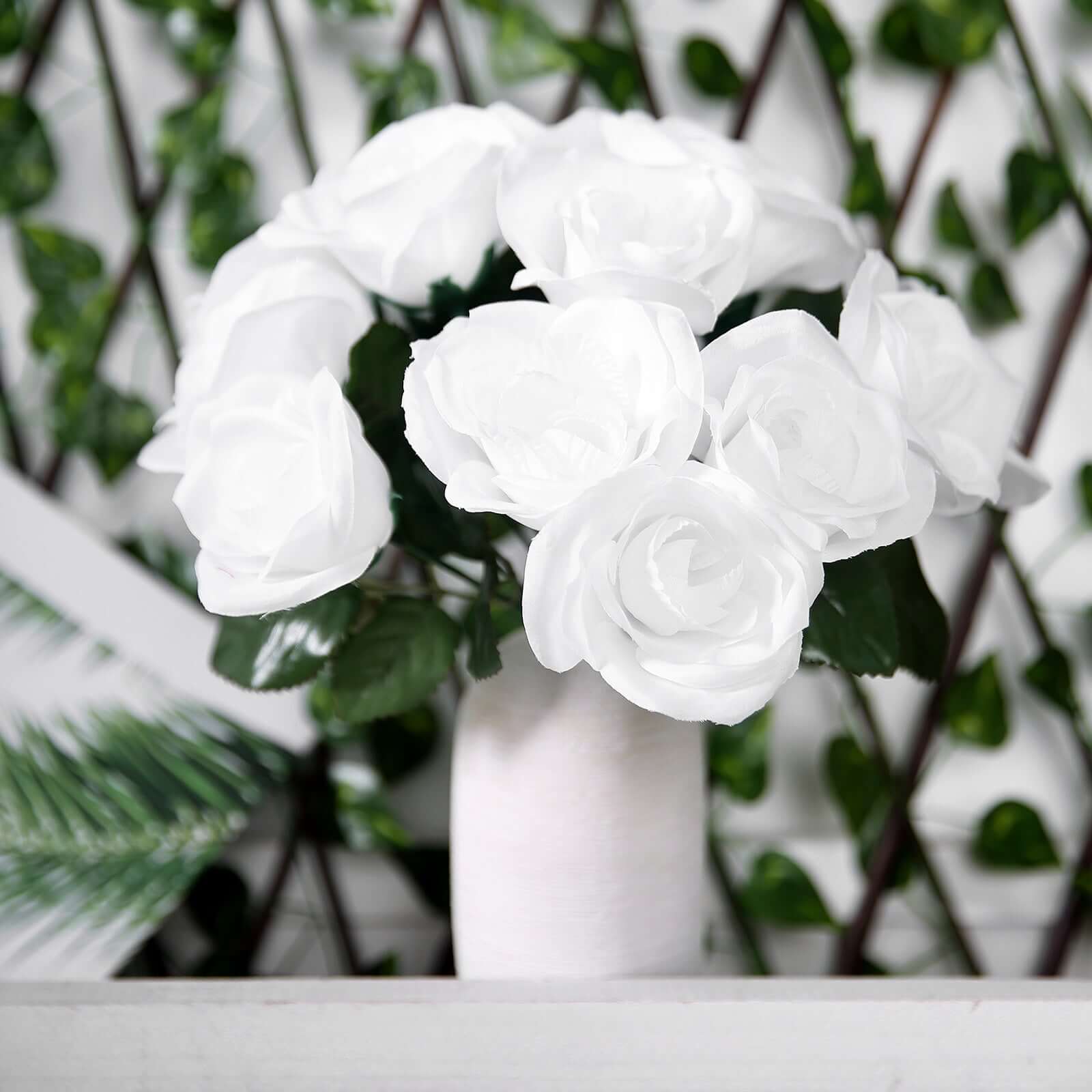 12" White Artificial Velvet-Like Fabric Rose Flower Bouquet Bush