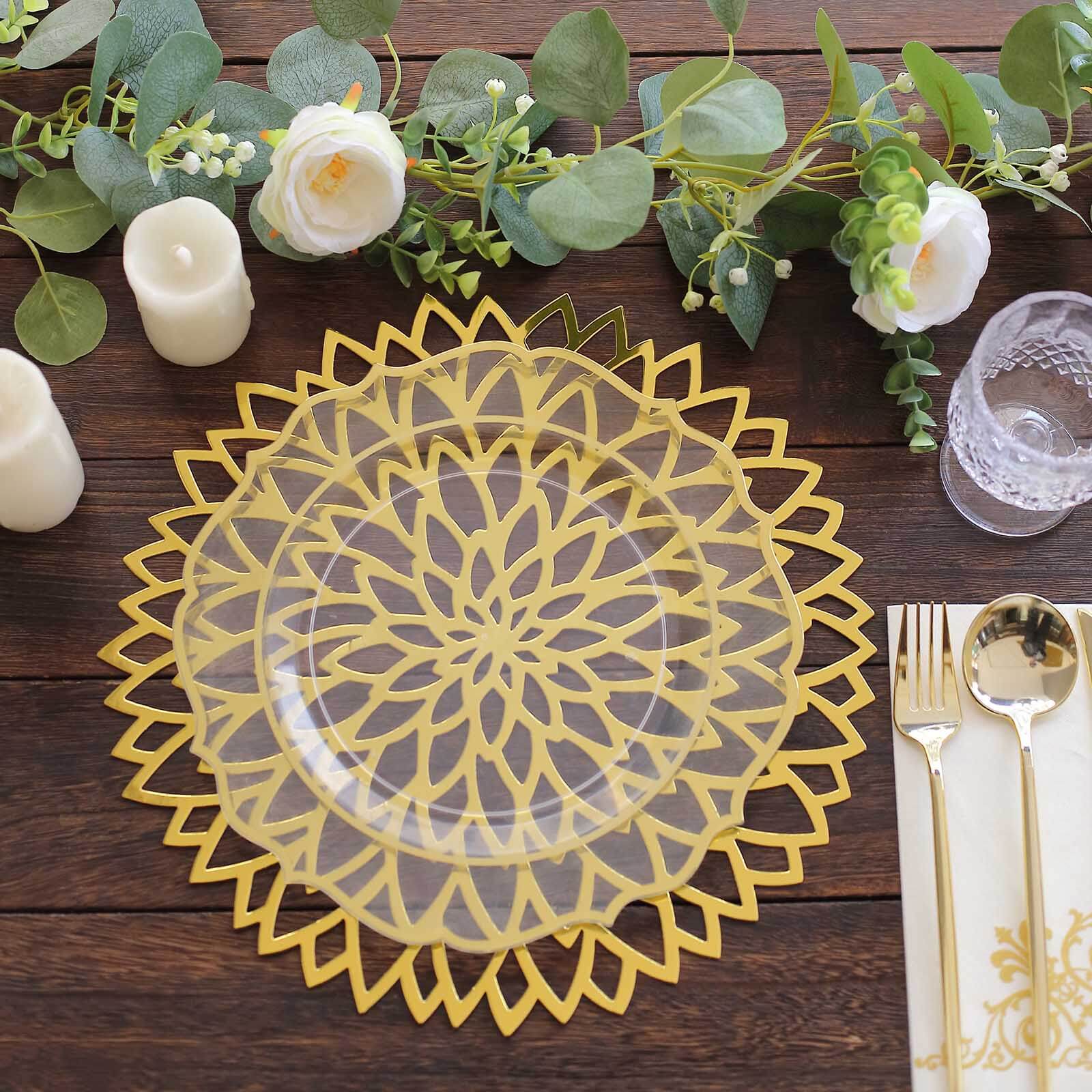 6-Pack Disposable Table Placemats in Metallic Gold with Laser Cut Hibiscus Flower Design - 400GSM Cardboard Placemats for Glamorous Table Decor 13"