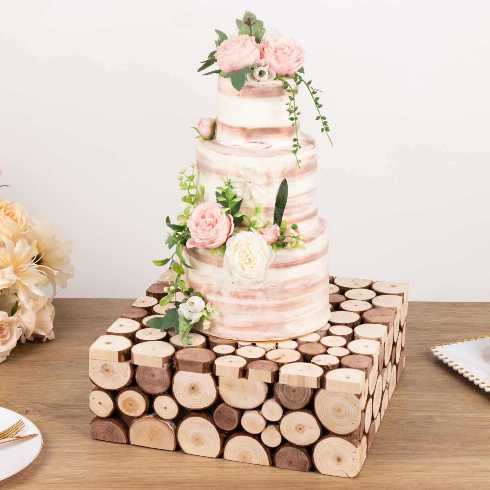 Wooden Cake Stand 14"x14" Square Design Rustic Natural Slices - Farmhouse Display Box Pedestal Riser