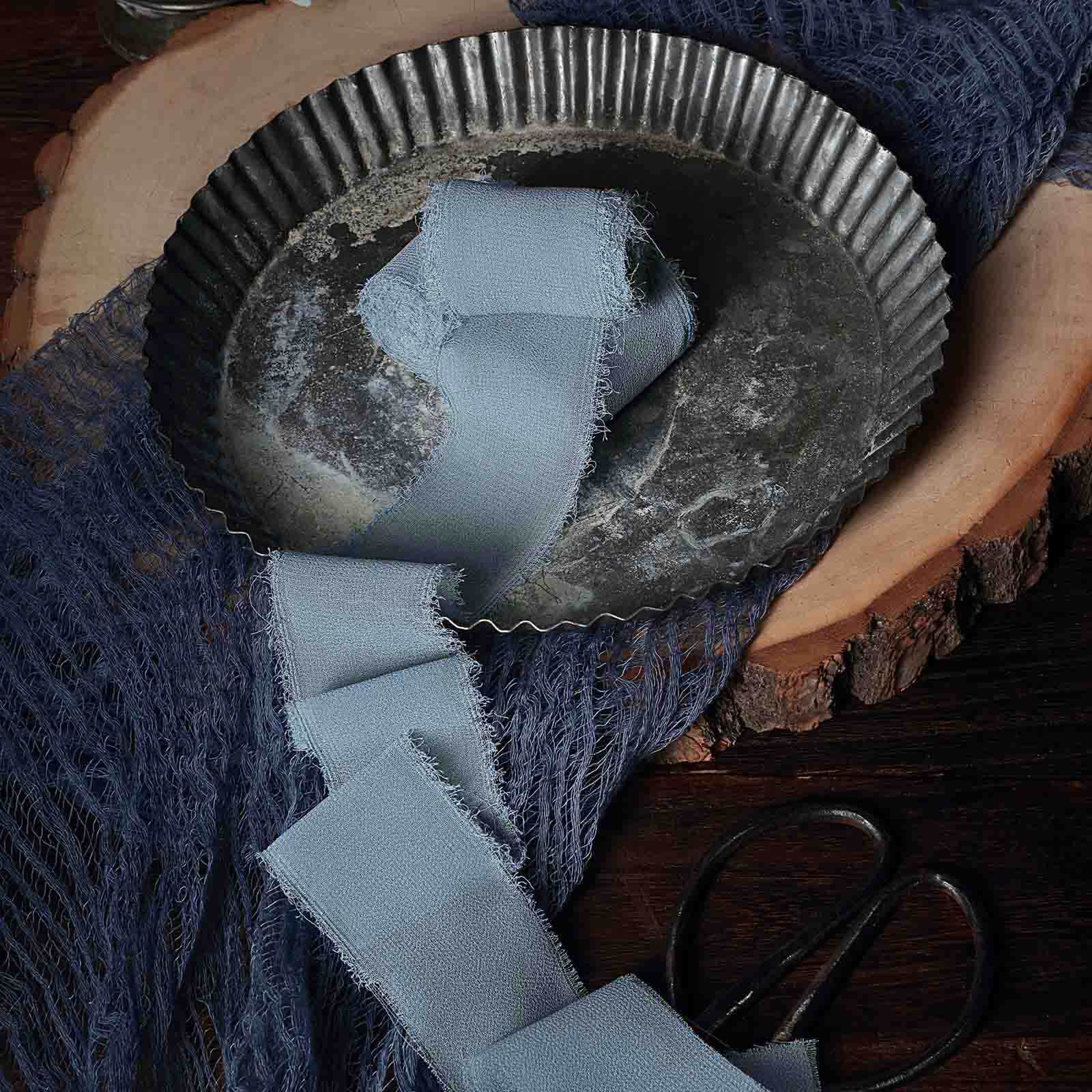 2 Pack 6yd Dusty Blue Silk-Like Chiffon Linen Ribbon Roll For Bouquets, Wedding Invitations Gift Wrapping
