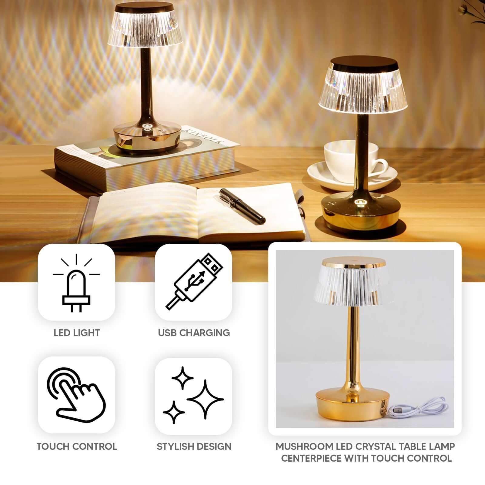 Acrylic LED Mushroom Table Lamp Clear Gold Color Changing Touch Control Night Light - Rechargeable Centerpiece 9"