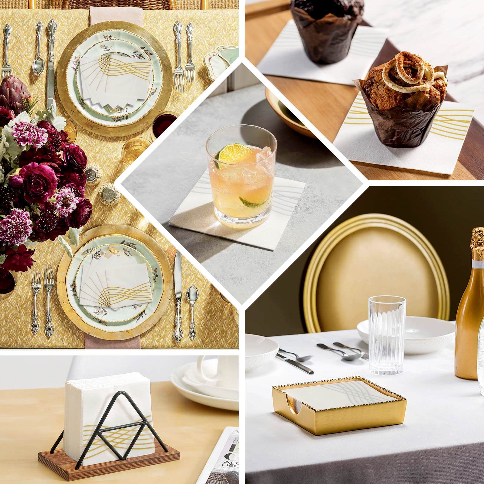 20 Pack Linen-Like Paper 5"x5" Napkins White with Gold Foil Wave Design - Classy Disposable Airlaid Cocktail Napkins