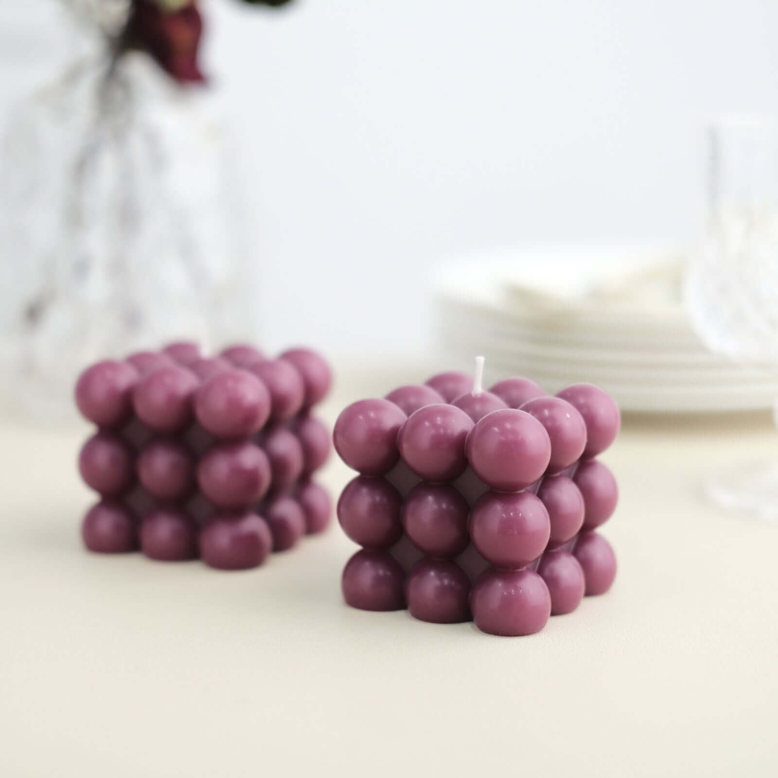 2-Pack Decorative Paraffin Wax Candles Bubble Cube Design Burgundy - Unscented Long Burning Pillar Candle Set 2"