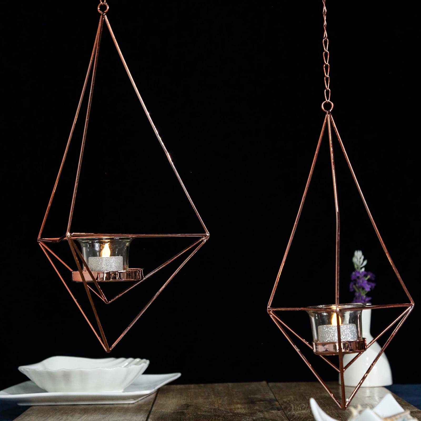 Set of 2 Hanging Tealight Candle Holders Rose Gold Metal Diamond Geometric Open Frame - Flower Terrariums 12", 15"