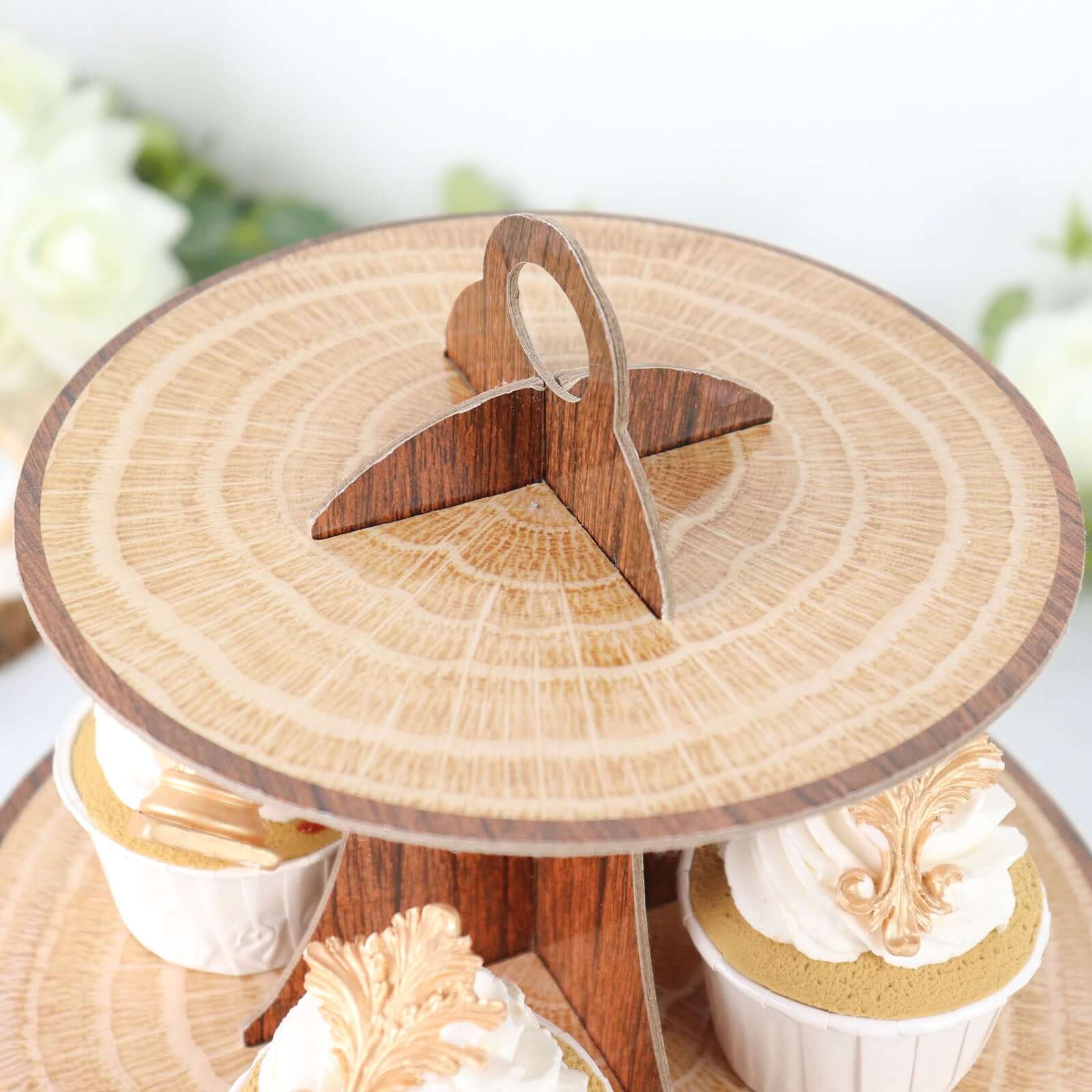 3-Tier Cardboard Cupcake Stand Natural Wood Plank Print - Reusable Dessert Table Display Tower for Classy Birthday Wedding Party Decoration 14"