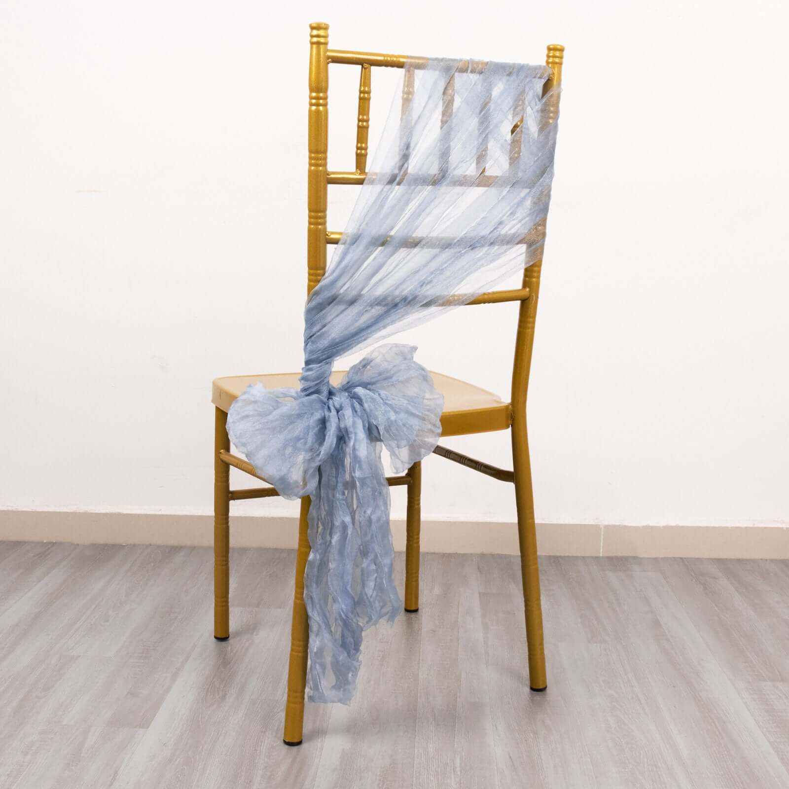 5 Pack Crinkled Organza Chair Sashes Dusty Blue with Shimmer Chiffon Layers - Stylish Sheer Decor