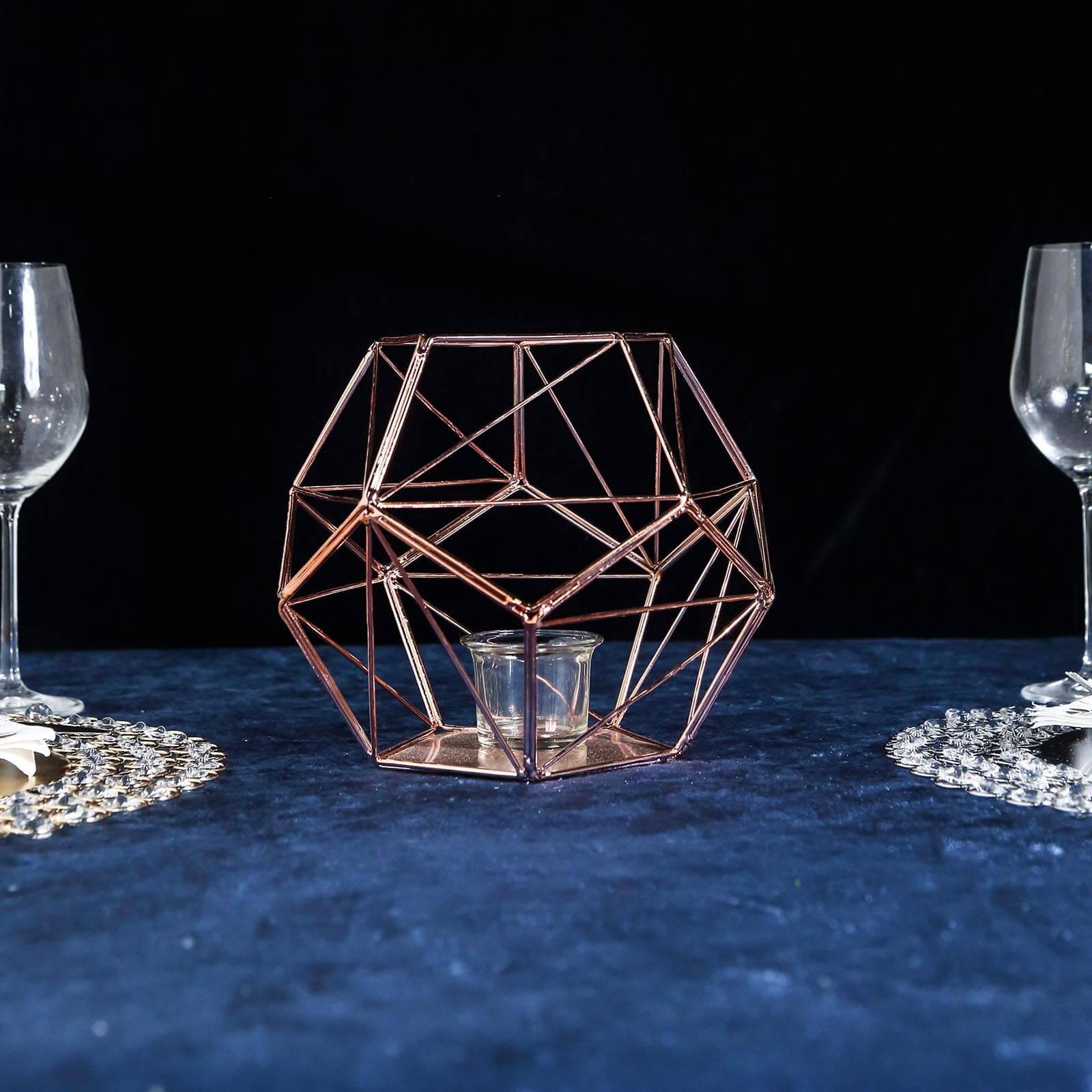 Tealight Candle Holder Rose Gold Metal Pentagon Prism Geometric Open Frame - Flower Stand 7"