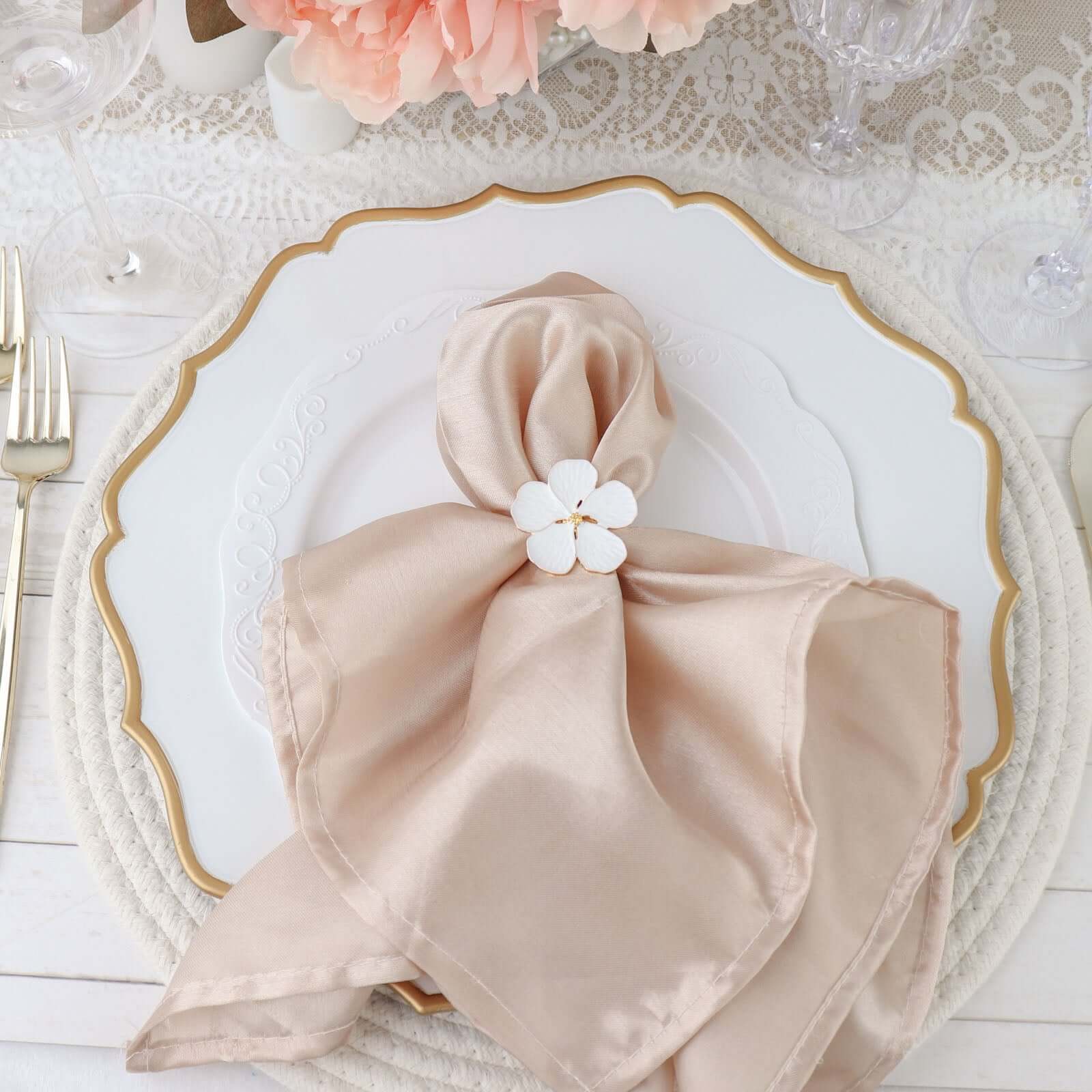 4 Pack White and Gold Metal Flower Napkin Rings, Floral Serviette Buckle Napkin Holder Set - Plum Blossom Design