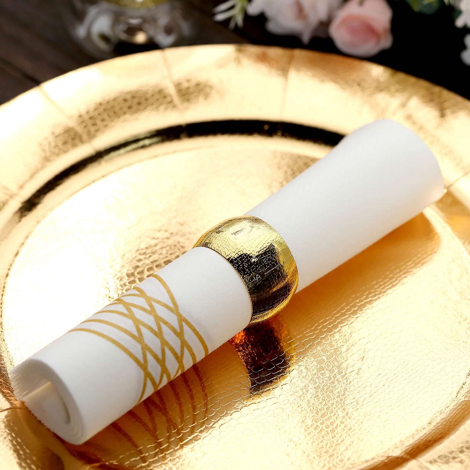 25 Pack Linen-Like Paper 8"x4" Napkins White with Metallic Gold Foil Wave Design - Soft & Absorbent Airlaid Hand Towels for Exquisite Weddings & Events