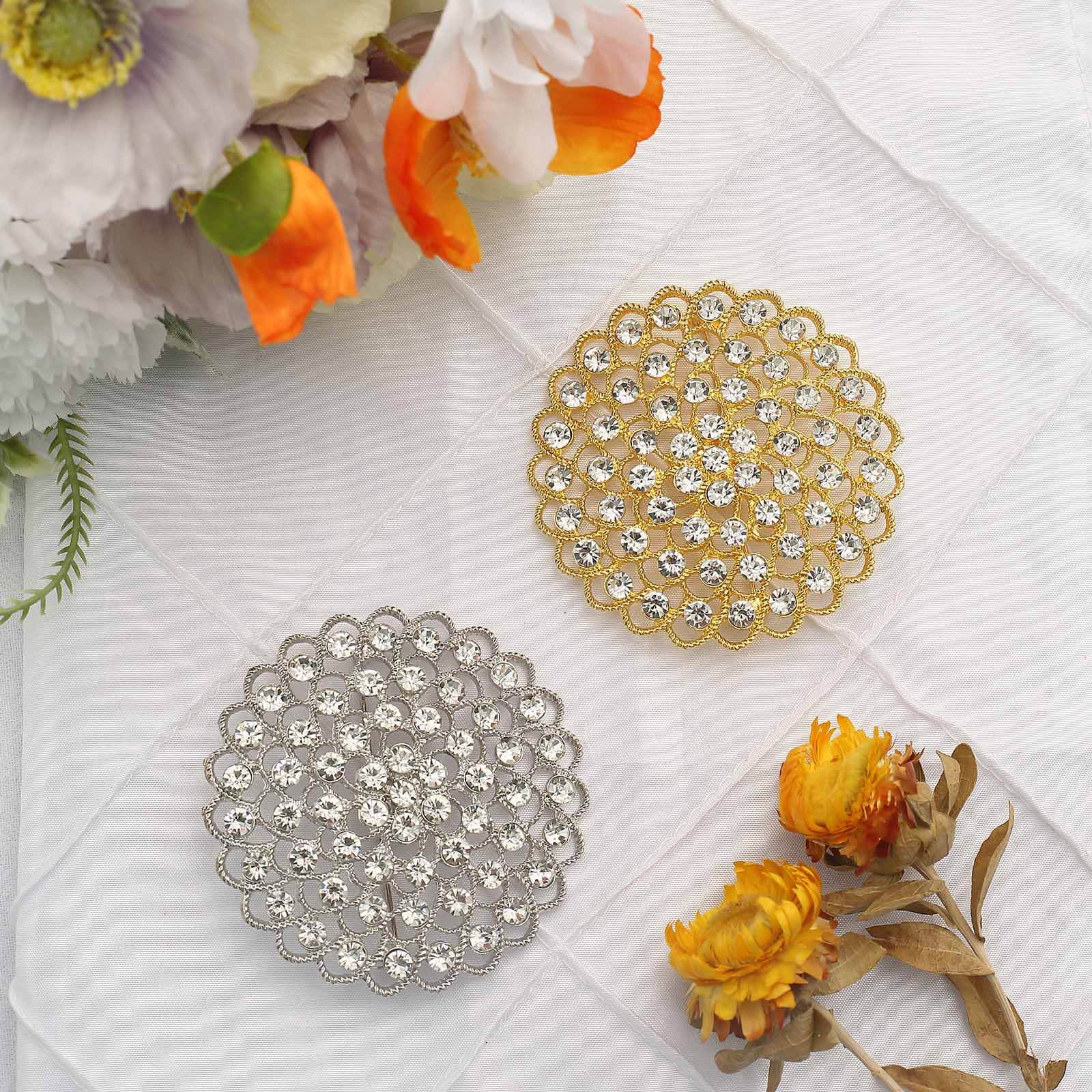 Rhinestone Metal Flower Chair Sash Band Buckle Gold - Glittering Diamond Accent for Weddings & Celebrations 3"