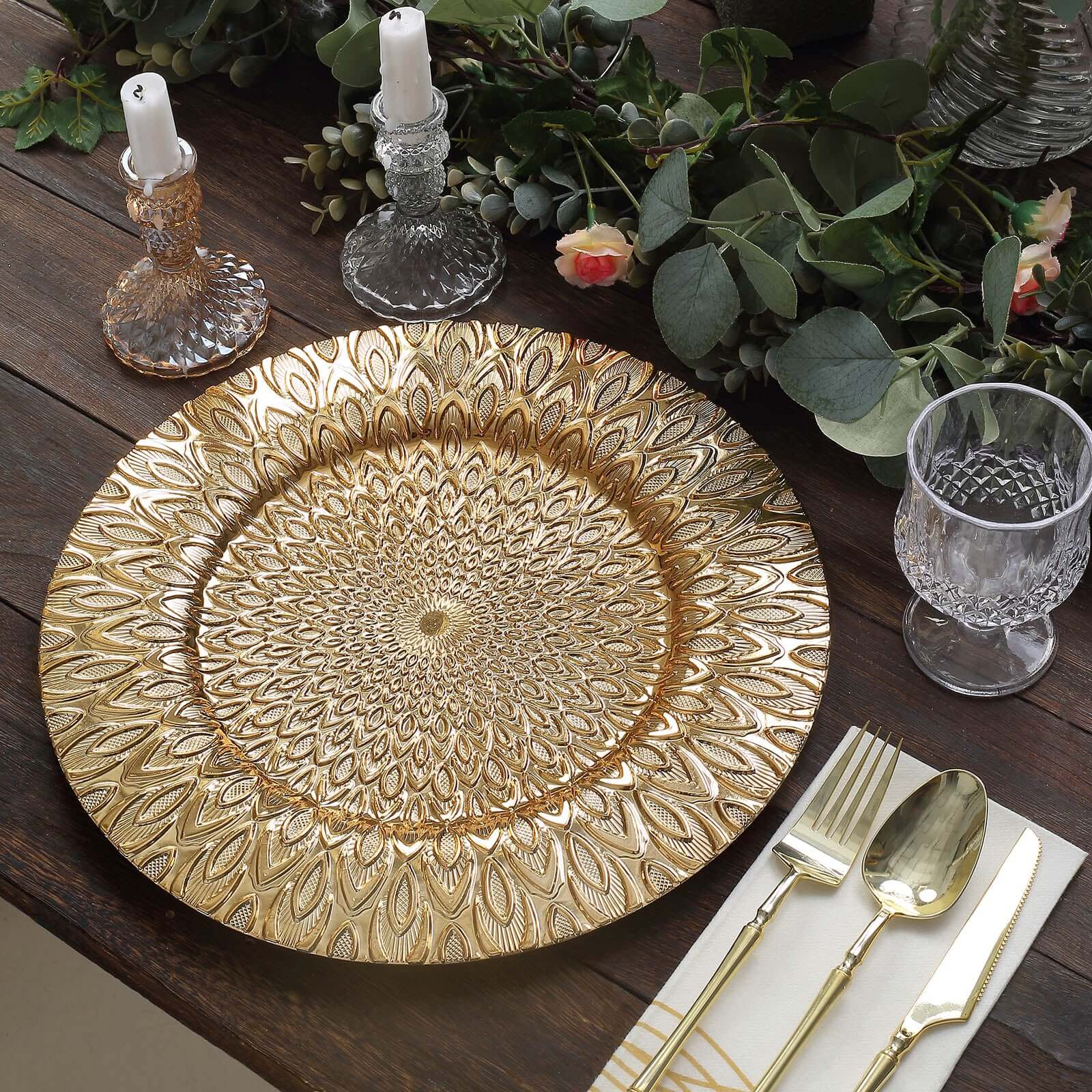 6-Pack Plastic Round Charger Plates 13" in Gold with Embossed Peacock Pattern, Stylish Disposable Charger Tableware