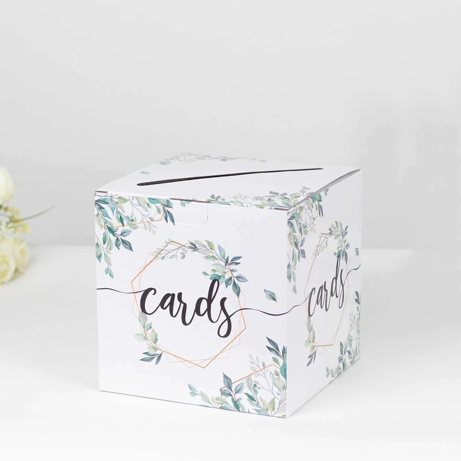 Greenery Theme Wedding Reception Gift Card Box with Geometric Gold Foil Print, Collapsible Money Card Box - 8"x8"