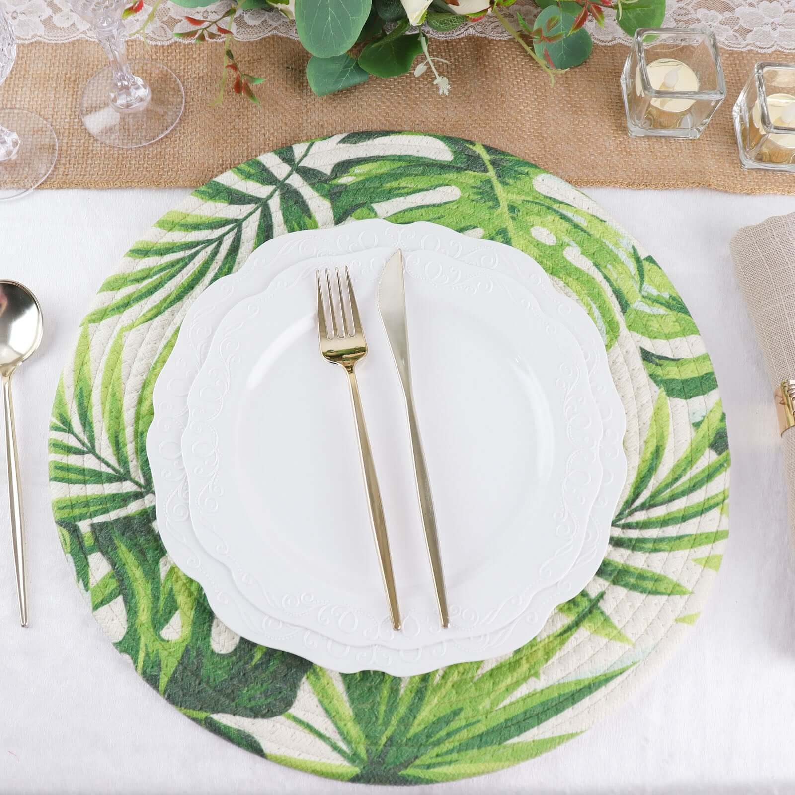 4-Pack Table Placemats Tropical Leaf Design Green Cotton Round - Woven Indoor/Outdoor Dining Mats 15"