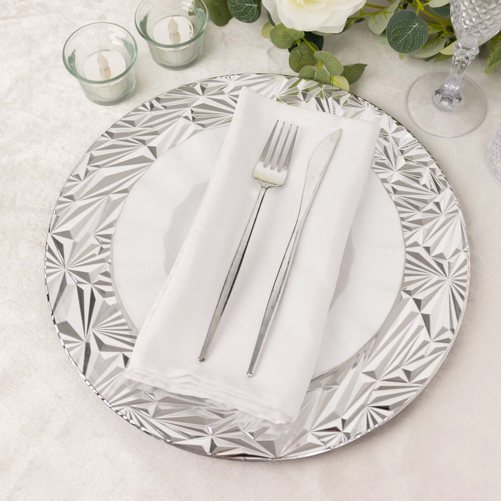 6-Pack Acrylic Round Charger Plates 13" in Metallic Silver with Rock Cut Design, Durable Plastic Dinner Charger Tableware