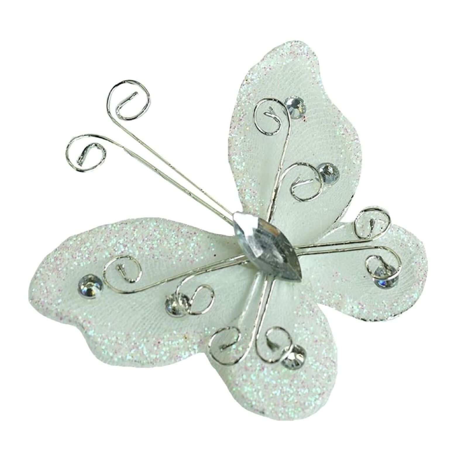 12 Pack 2" White Diamond Studded Wired Organza Butterflies