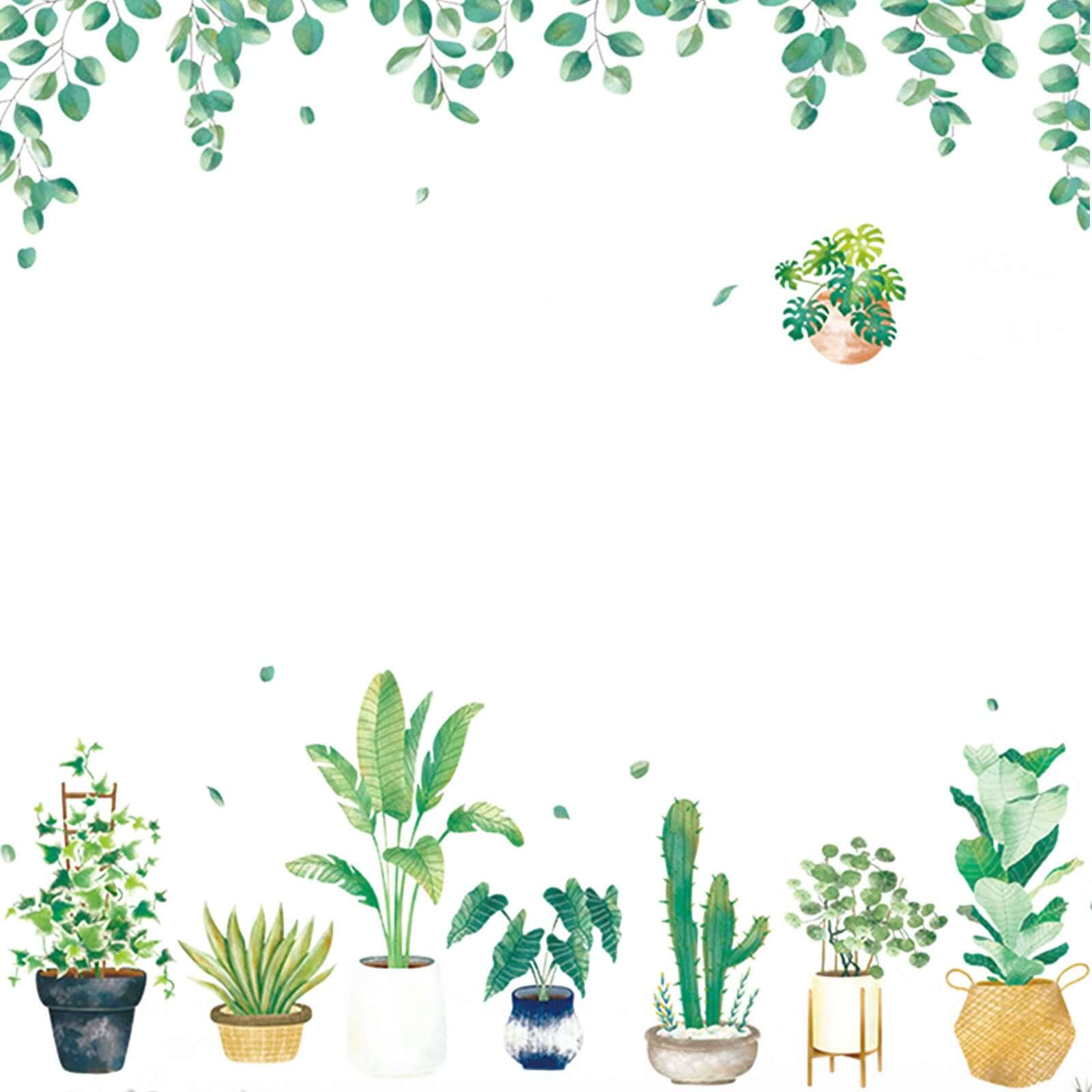Green Tropical Potted Plants Planters with Hanging Leaves Wall Decals, Peel and Stick Decor Stickers