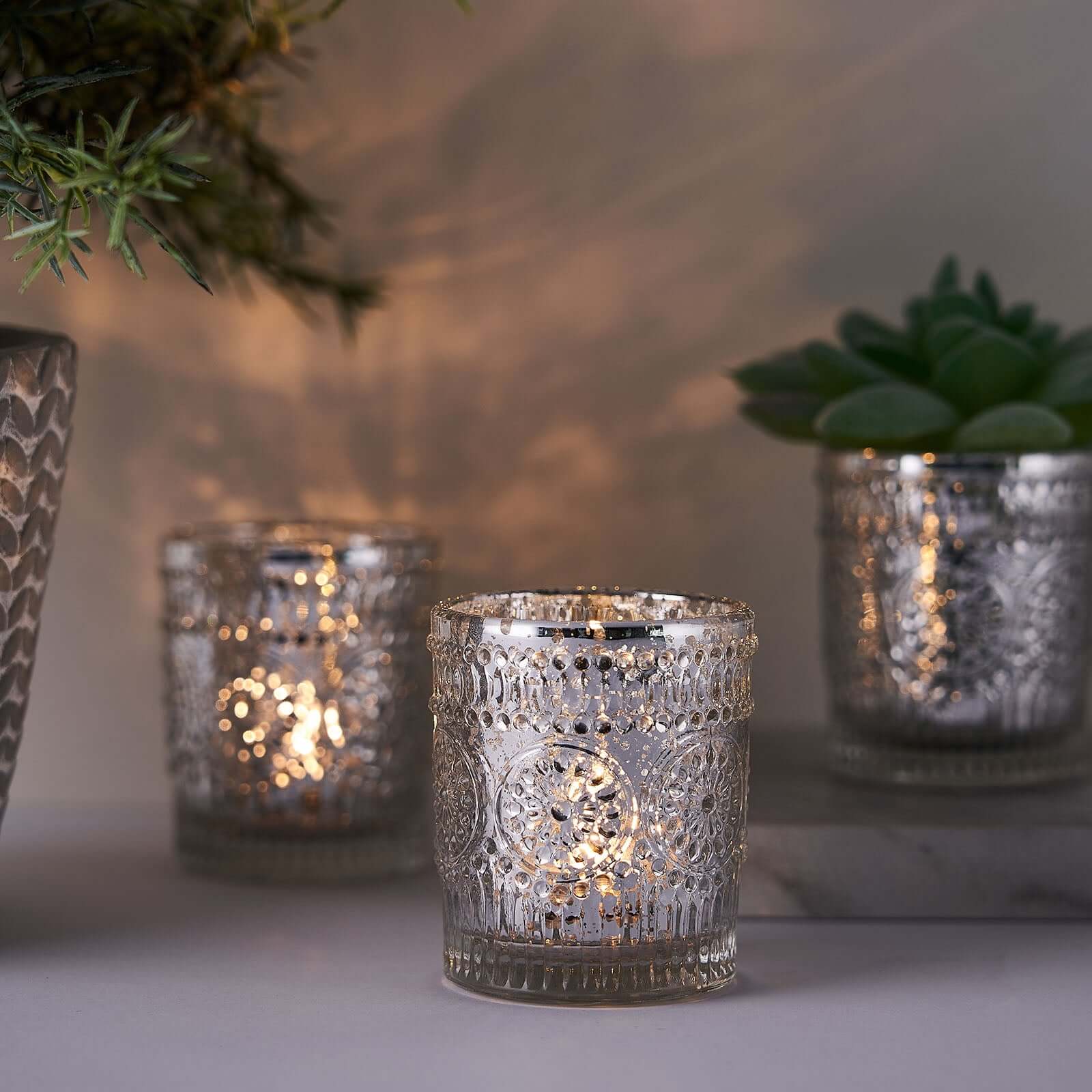 6-Pack Silver Glass Votive Tealight Holders - Stylish Primrose Design for Weddings & Décor