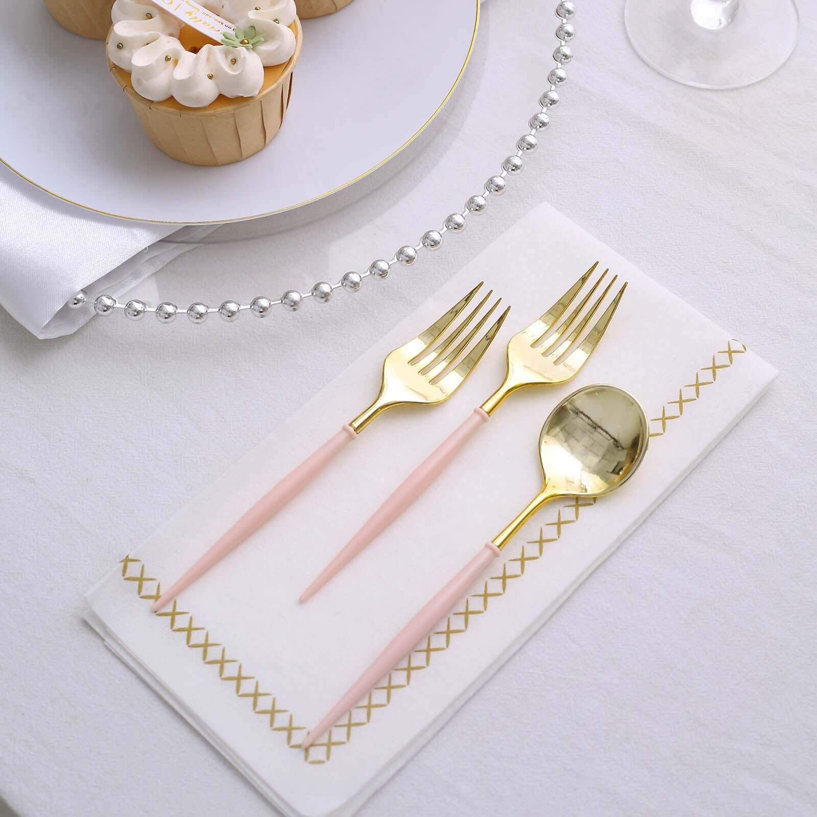 24-Pack Plastic Fork and Spoon Set Gold/Rose Gold - Heavy Duty Disposable Modern Utensils 6"