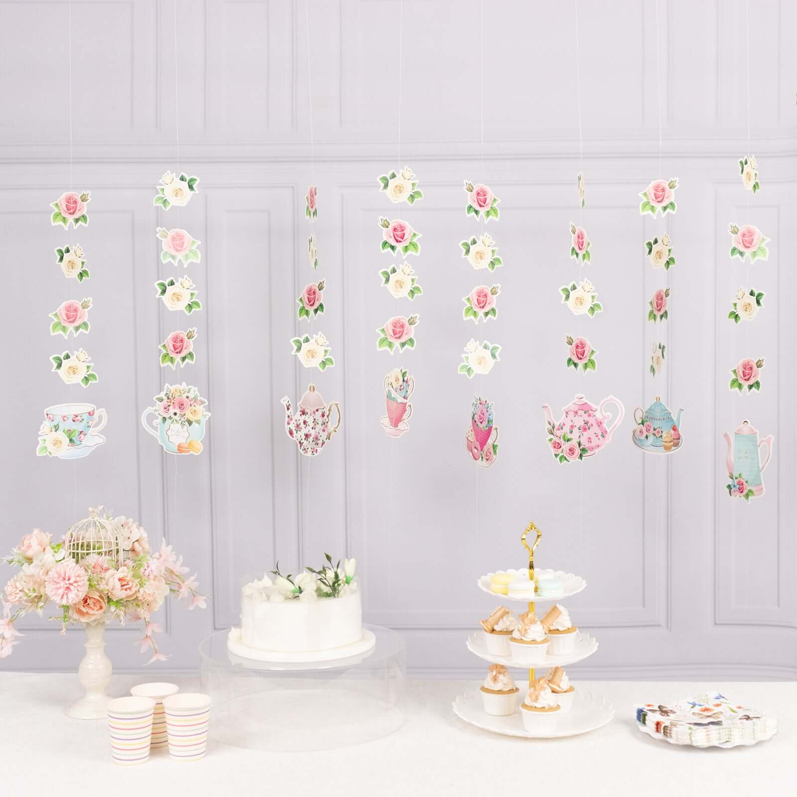 8 Pack Double Sided Floral Tea Party Paper Garland, 40" Pre-Assembled Mixed Teapot Banner Hanging Decorations