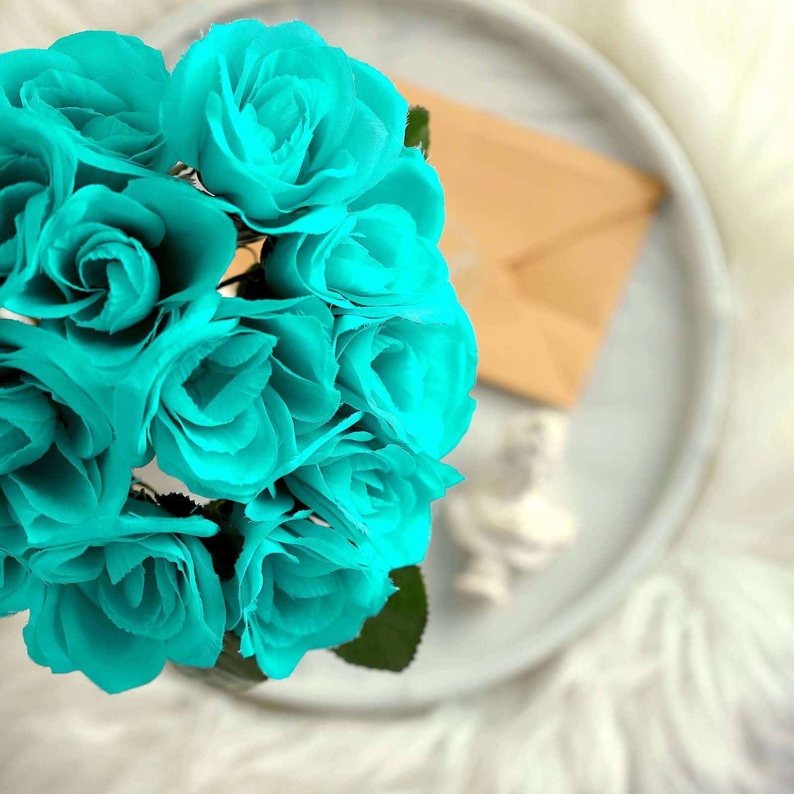 12" Turquoise Artificial Velvet-Like Fabric Rose Flower Bouquet Bush