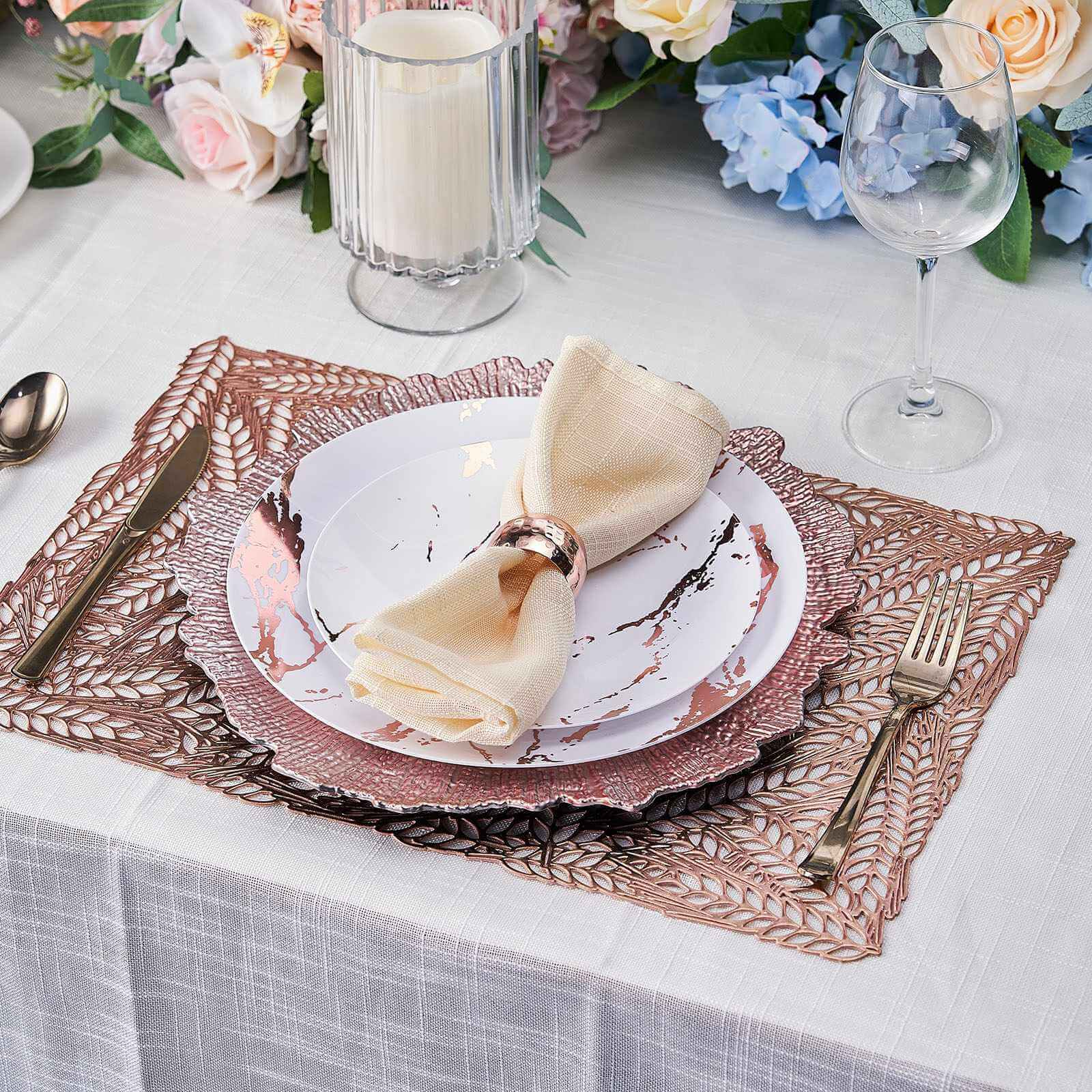 6-Pack Table Mats Wheat Design Rose Gold - Vinyl Rectangle Non-Slip Surface for Stylish Settings 12"x18"