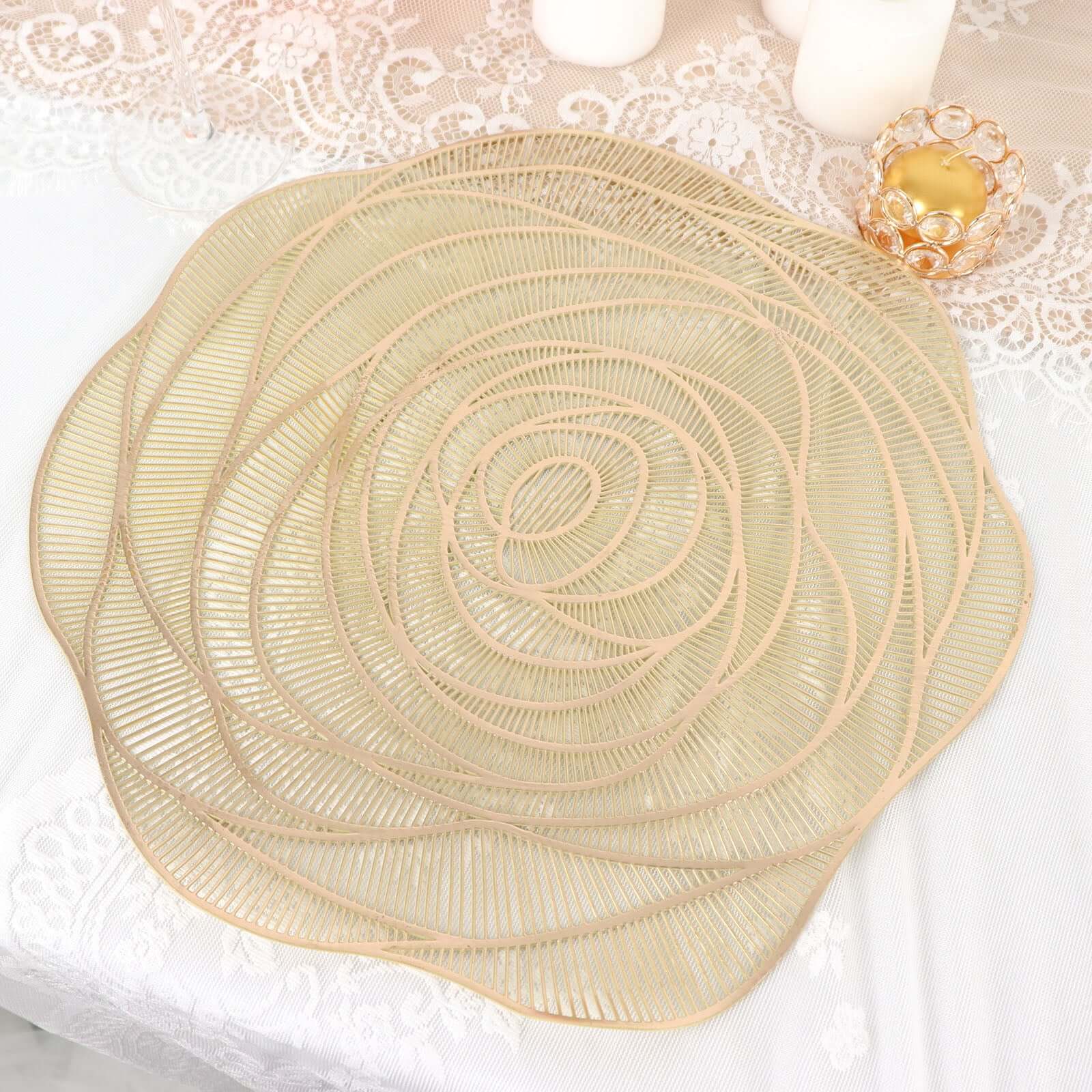 6-Pack Dining Table Mats Rose Flower Design Metallic Gold - Vinyl Round Non-Slip and Washable Table Mats 15"