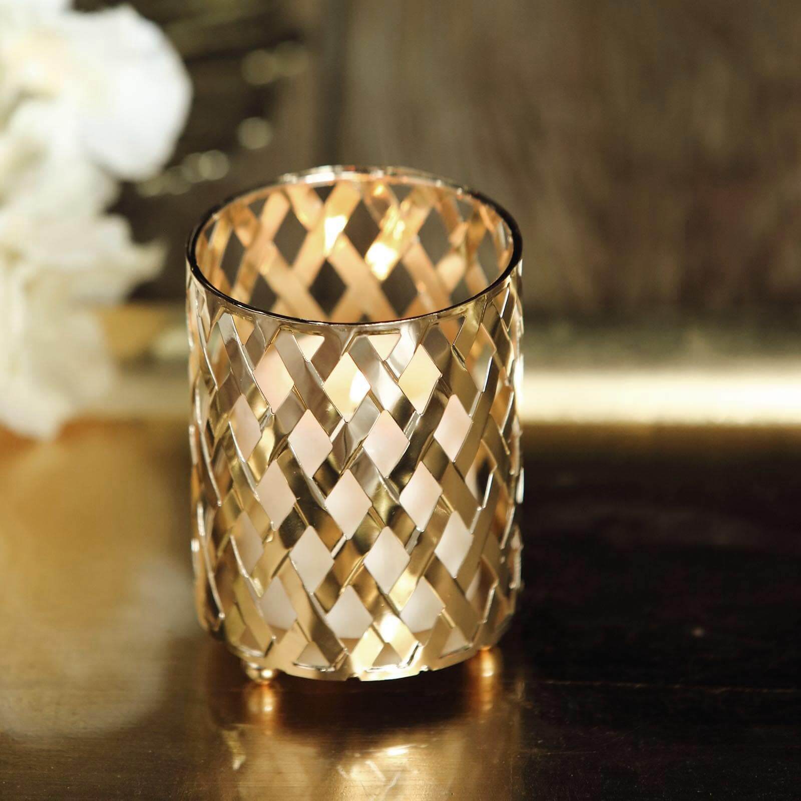 2-Pack Votive Candle Holders Gold Metal Diamond Cut Geometric Design - Perfect for Home Décor and Events 4"