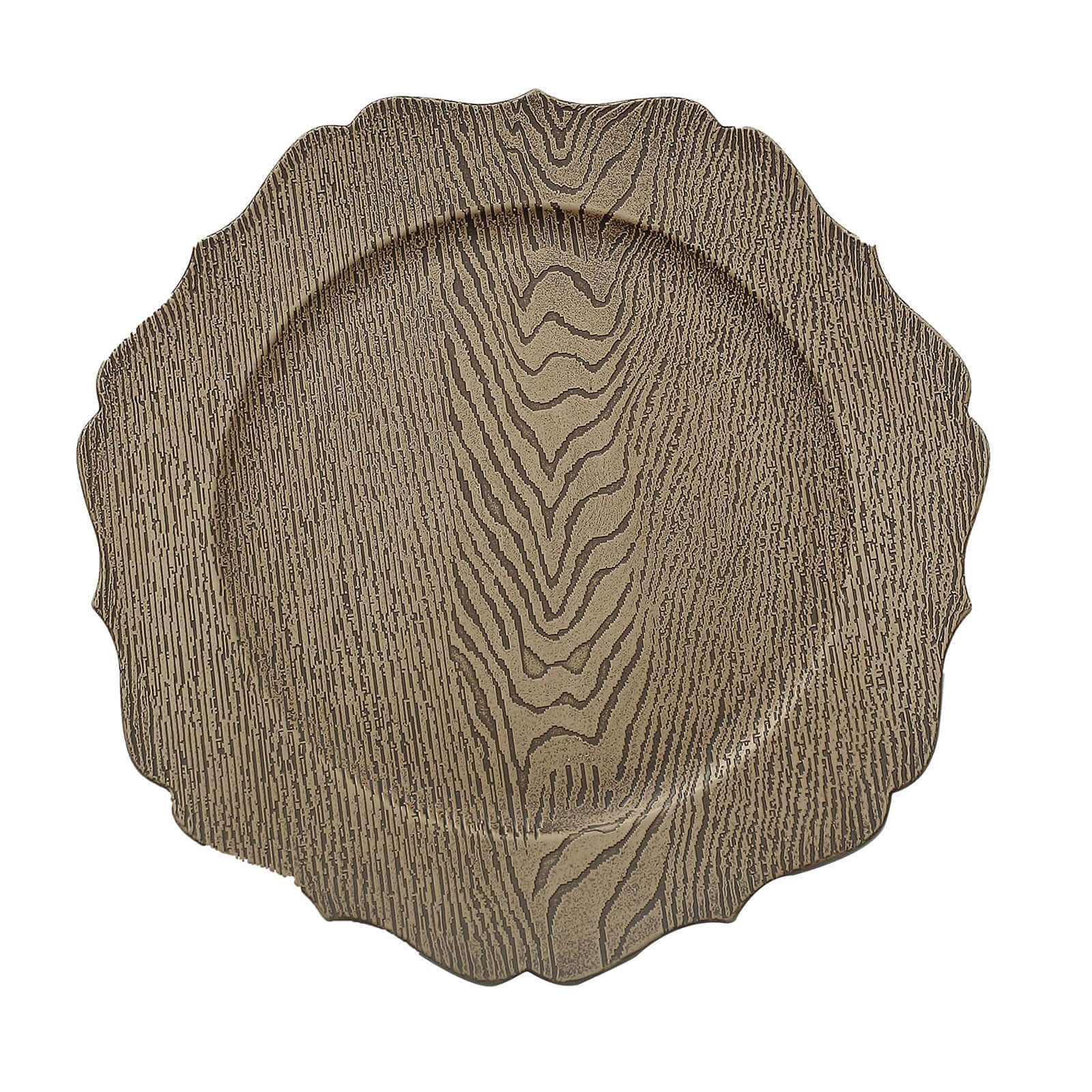 6-Pack Acrylic Round Charger Plates 13" in Rustic Natural with Wood Grain Scalloped Rim, Decorative Dinner Party Charger Tableware