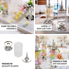 6-Pack Pillar Candy Jar Candy Container Clear/Silver - Decorative Apothecary Jars for Party Favors 7"