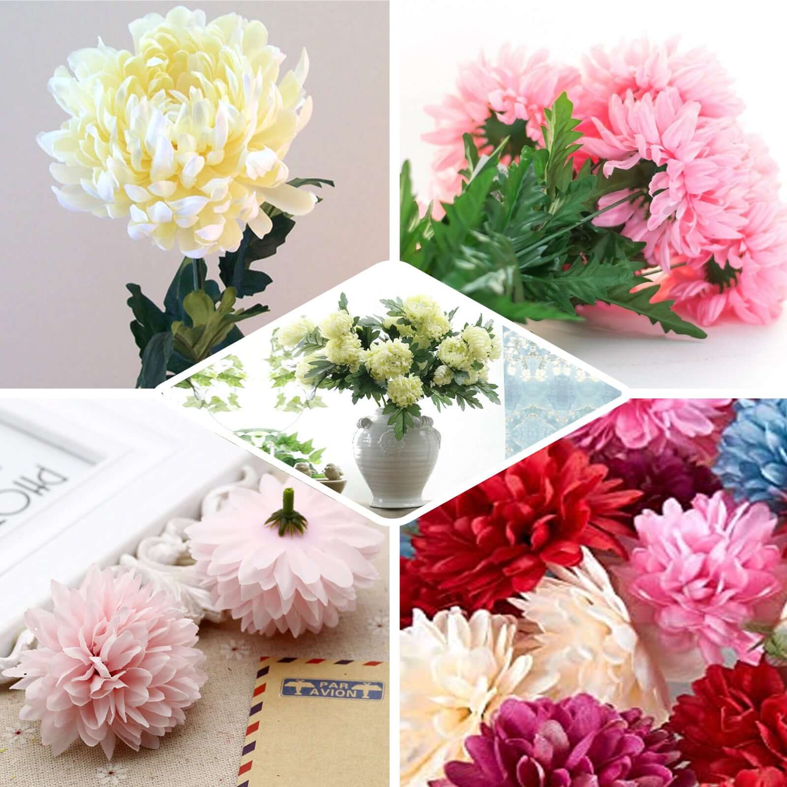 4 Bushes Fuchsia Artificial Silk Chrysanthemums 56 Faux Flowers - Clearance SALE
