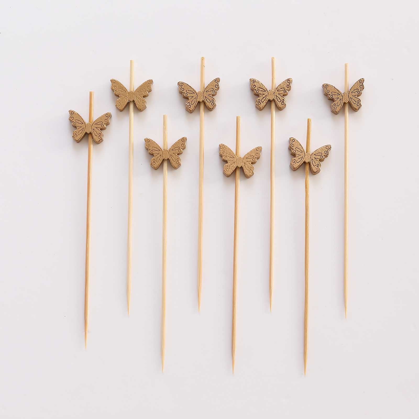 100-Pack Bamboo Cocktail Sticks Butterfly Design Eco Friendly Natural - Biodegradable Party Picks 5"