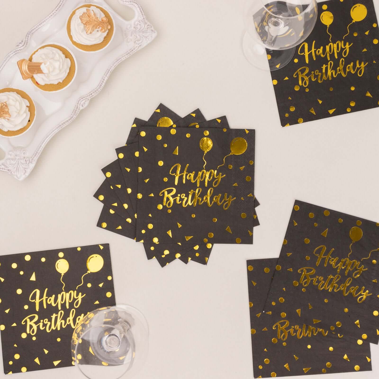20-Pack Paper Beverage Napkins with Happy Birthday Foil Print Black/Gold - 2 Ply Disposable 18GSM Soft Party Napkins 6.5"x6.5"