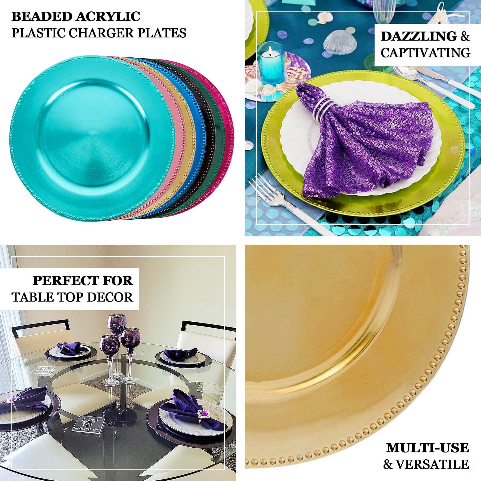 6-Pack Acrylic Round Charger Plates 13" in Black with Beaded Rim, Dinner Charger Event Tabletop Decor