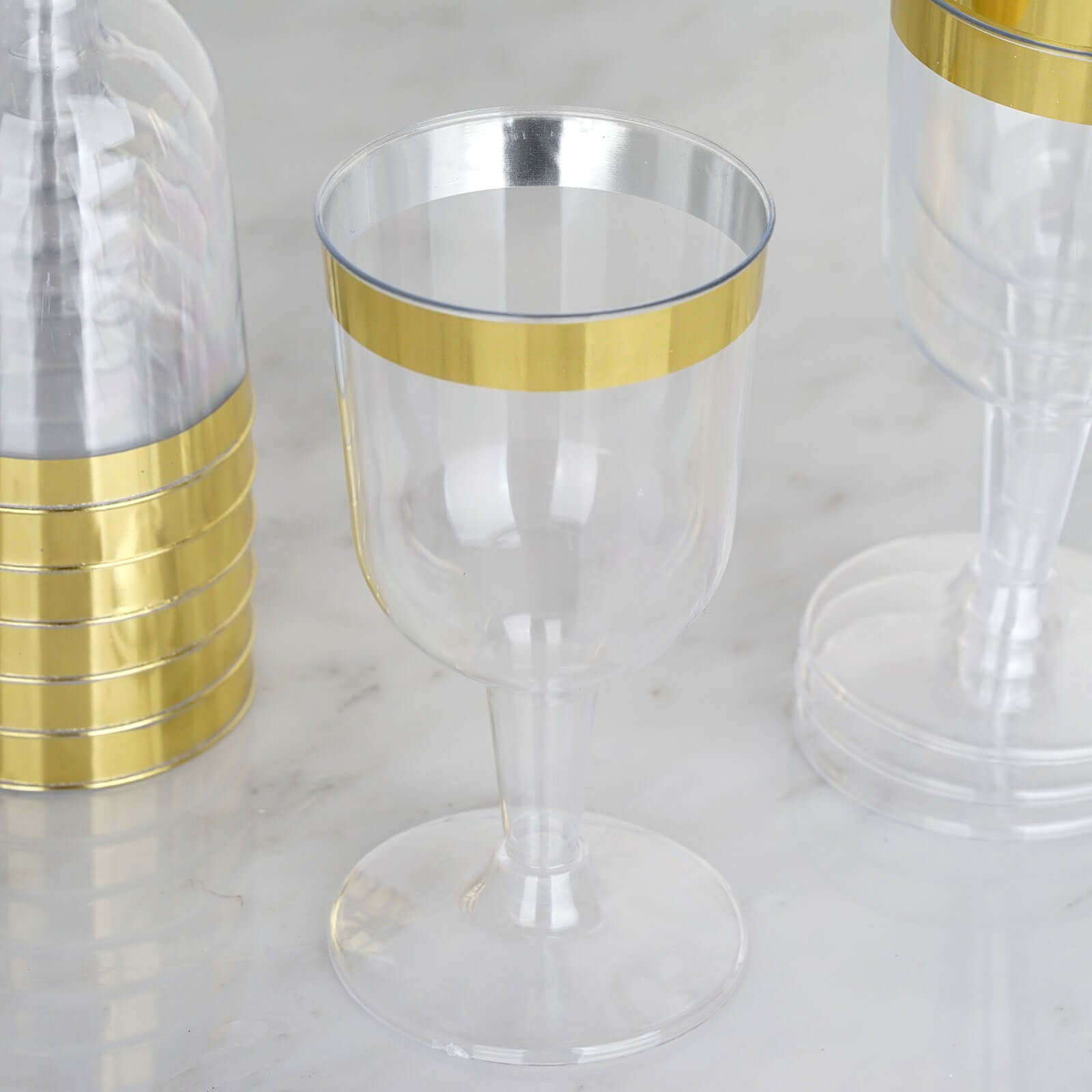 12-Pack Plastic Short Stem Wine Glasses Clear/Gold Rim - Stylish Disposable Drinkware 6oz