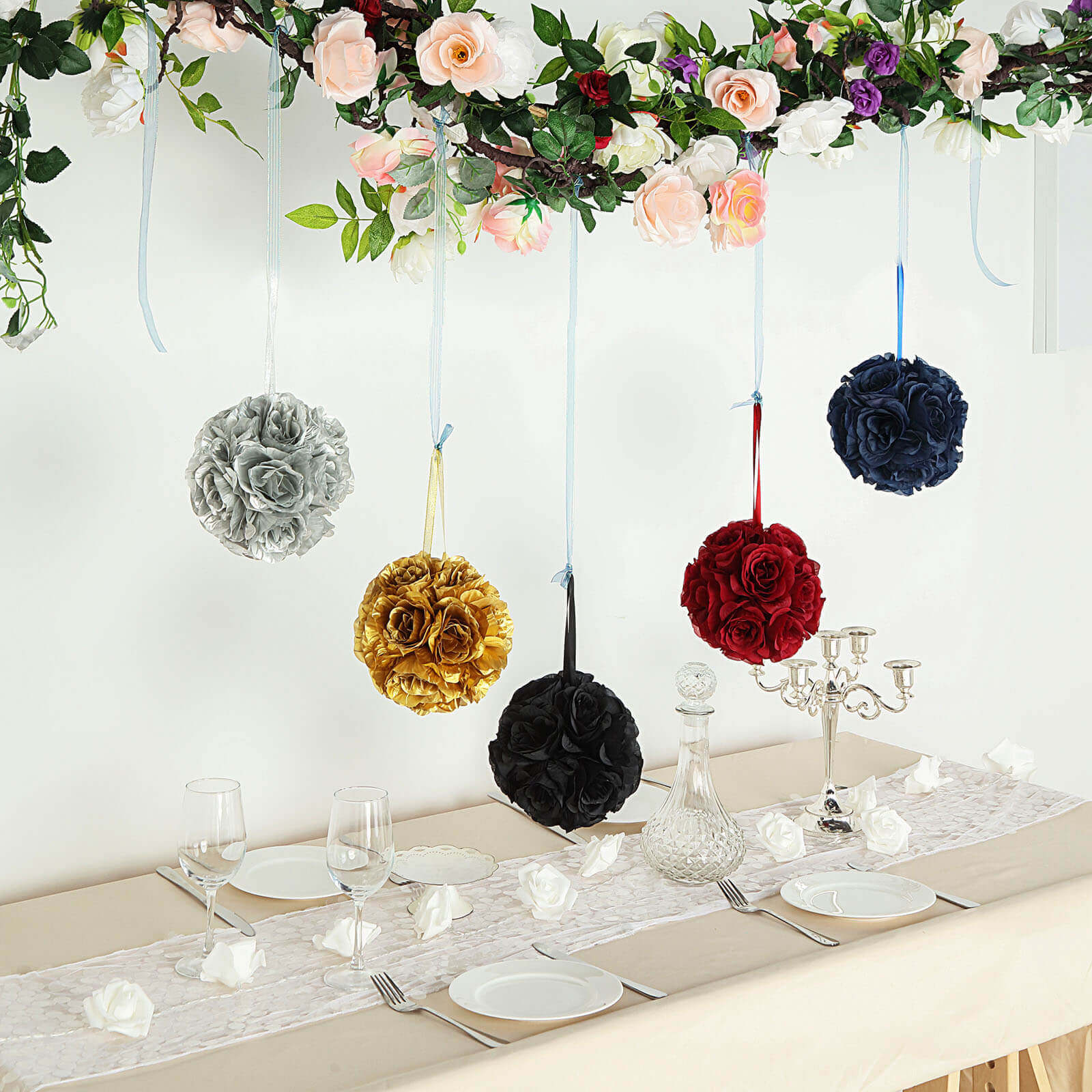 2 Pack 7" Gold Artificial Silk Rose Kissing Ball, Faux Flower Ball