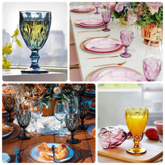 6-Pack Wine Glasses Clear Embossed Crystal Cut Design Stemmed - Goblets for Parties & Events 12oz 7"