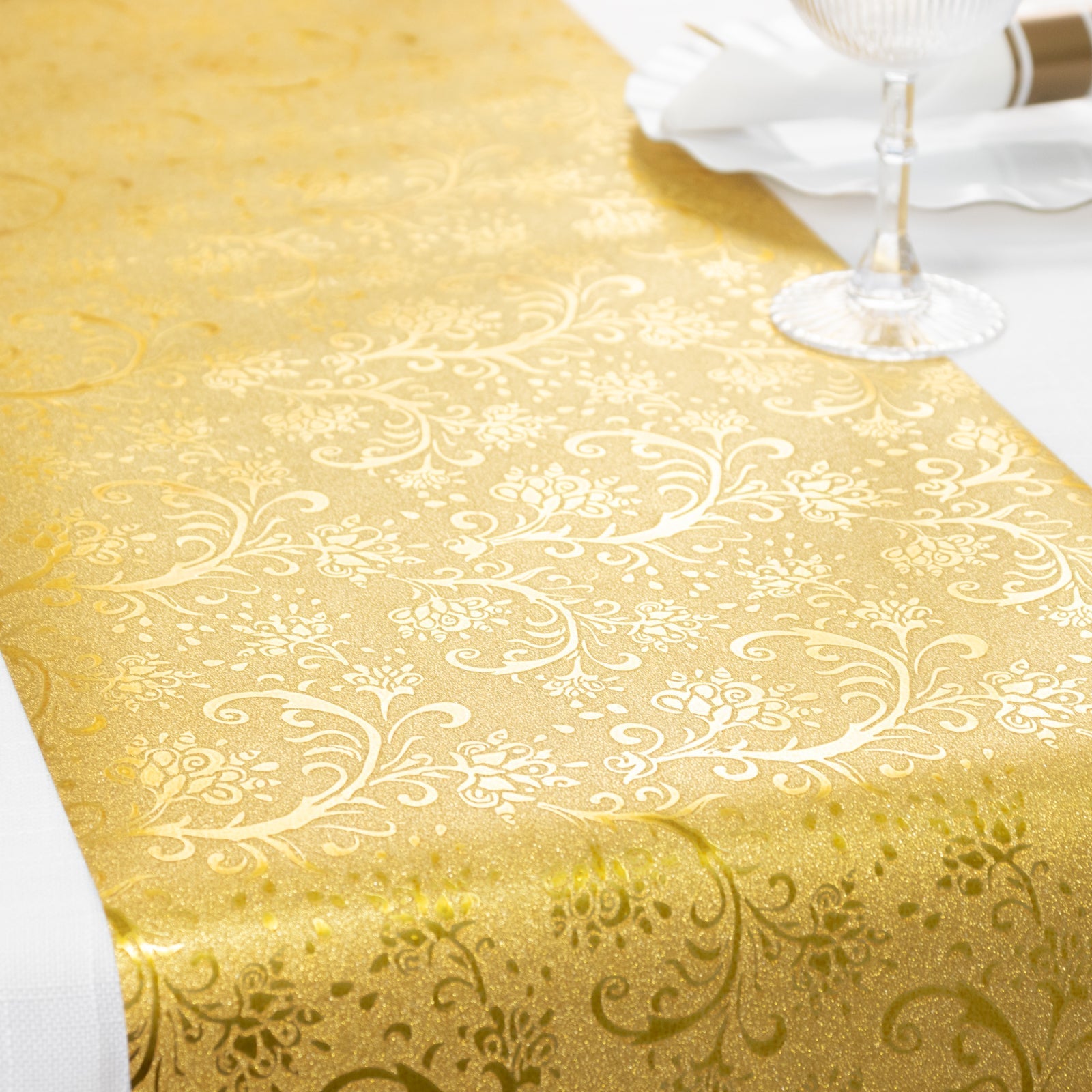 5 Pack Gold Glitter Paper Table Runners with Vintage Floral Vine Pattern - 10ft Disposable Wedding & Party Table Runners