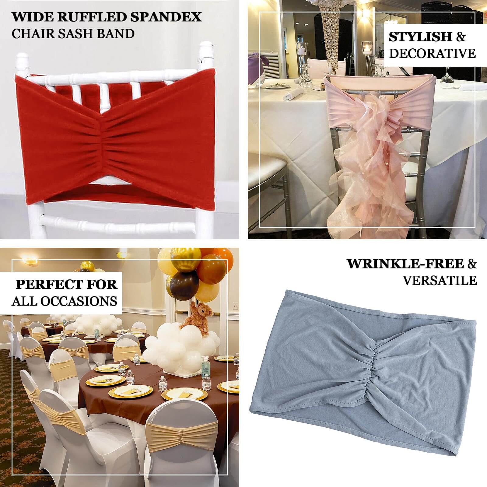 5 Pack Spandex Chair Sashes White Ruffled Style - Wide Easy to Use Stretch Chair Bands for Classy Wedding and Event Decor 8"x13"
