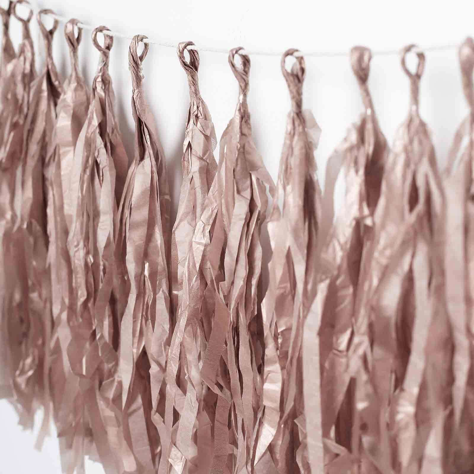 12 Pack Pre-Tied Rose Gold Paper Fringe Tassels With Garland String, Hanging Streamer Banner