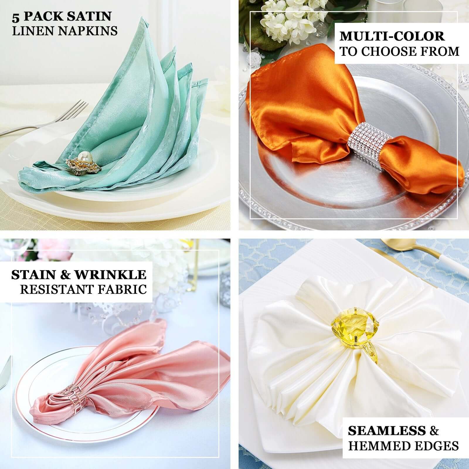 5 Pack Satin 20"x20" Napkins Peacock Teal - Luxurious Shine & Smooth Dinner Napkins