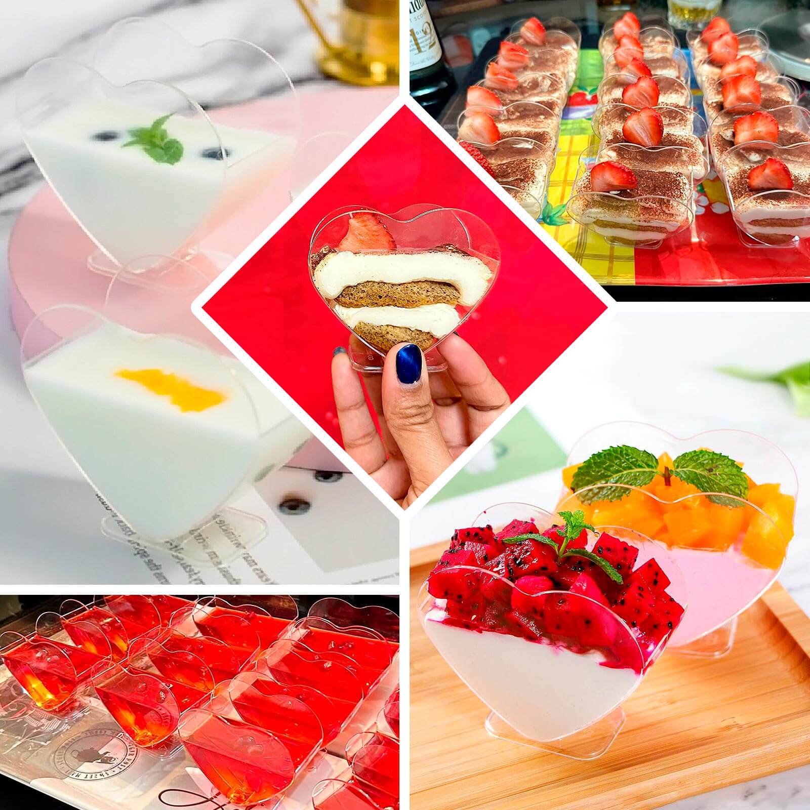 24-Pack Plastic Dessert Parfait Cups Heart-Shaped Clear with Spoons - Reusable and Disposable 2oz
