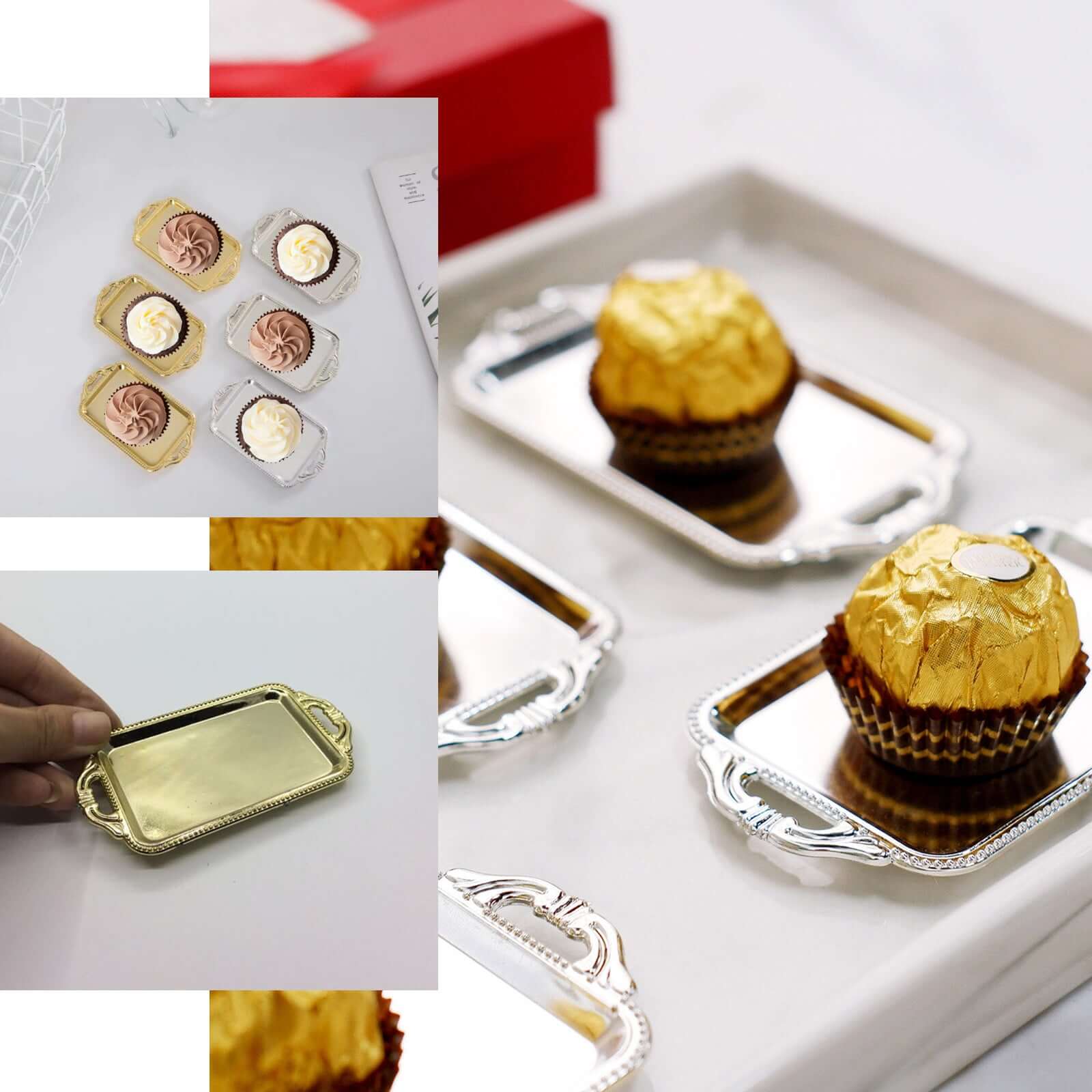 12-Pack Display Trays Party Favor Rectangular Design Silver - Mini Serving Platters for Candy and Desserts 4"