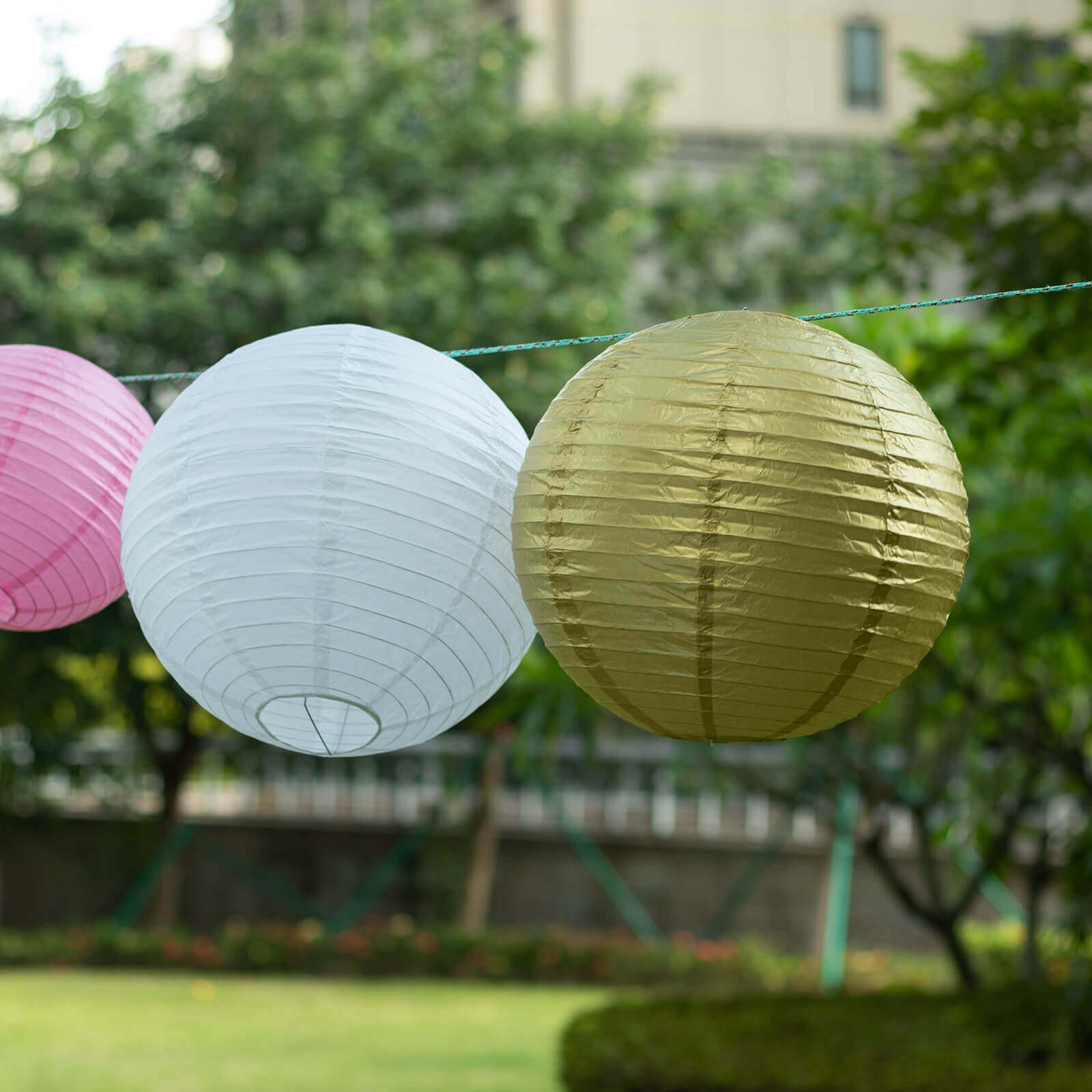 Set of 8 Mixed Blush Gold Hanging Paper Lanterns, Decorative Round Chinese Sky Lanterns, Assorted Sizes - 6",8",10",14"