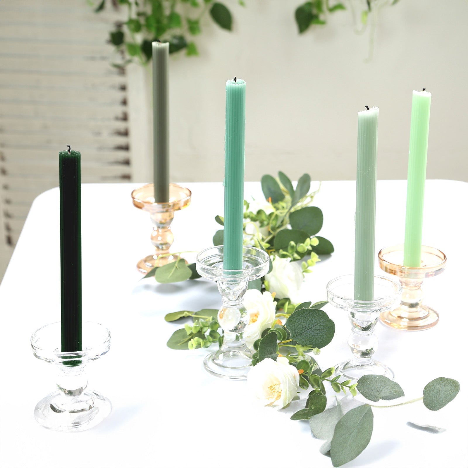 5-Pack Taper Candles Ribbed Wick Ribbon Wax Design Assorted Sage Green - Premium Unscented Dinner Candles 9"