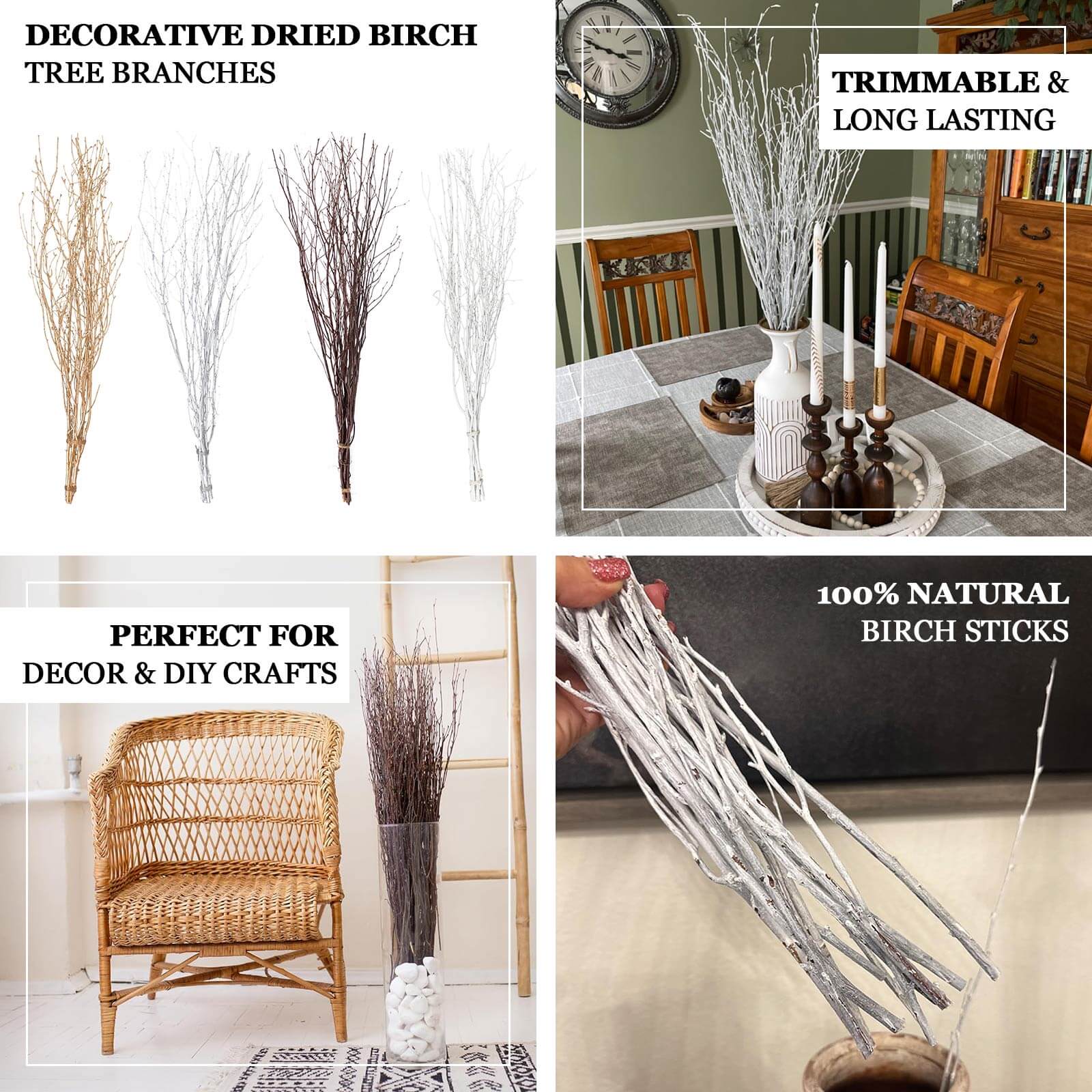 6-Pack Natural Birch Tree Branches 46" White - Versatile Extra Long Decorative Dried Willow Twigs Sticks for Vase Centerpiece Wedding Decor