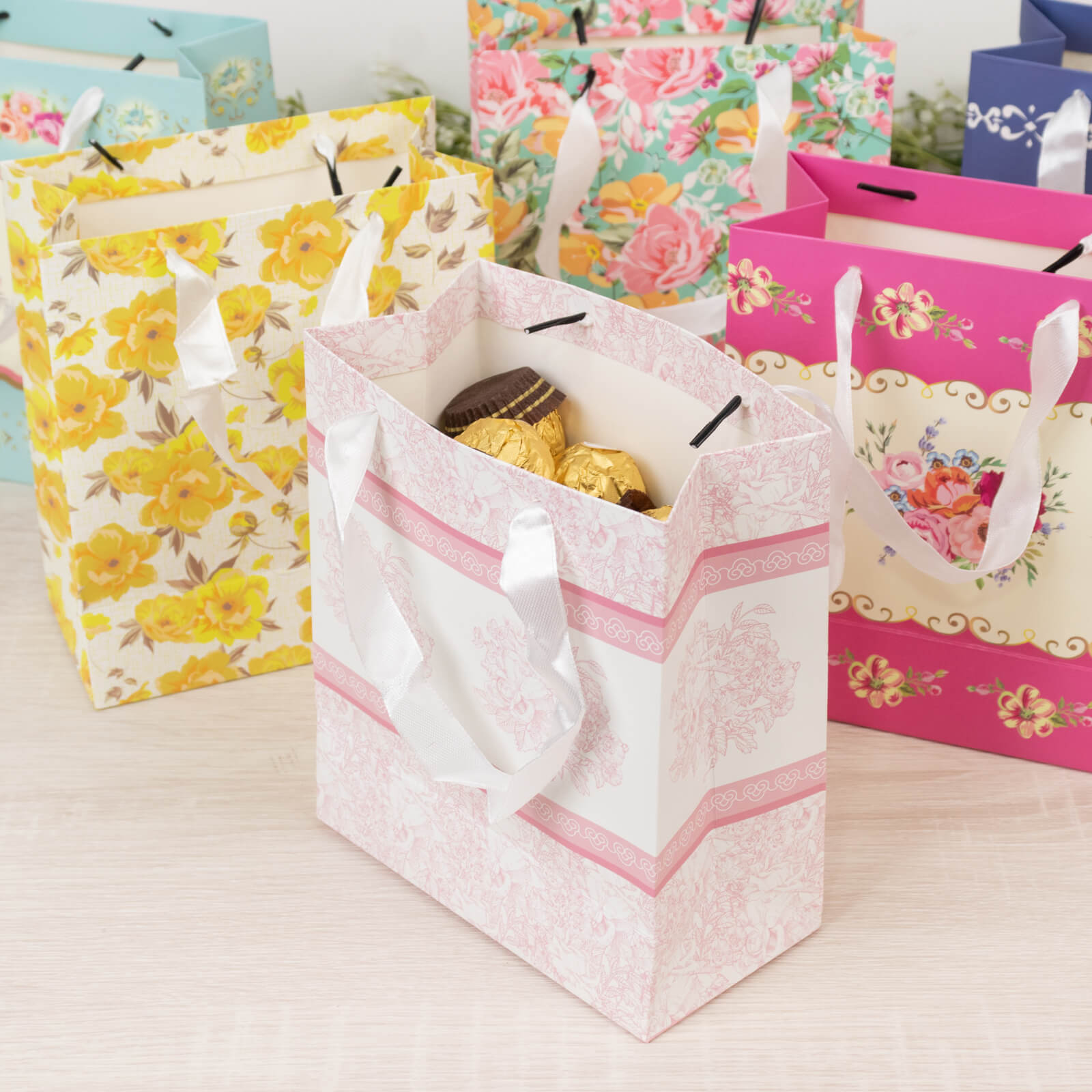 12-Pack Favor Bags Mixed Vintage Floral Tea Party – Paper Gift Bags with Ribbon Handles - Elegant Goodie Bags - 6"x7"x3"
