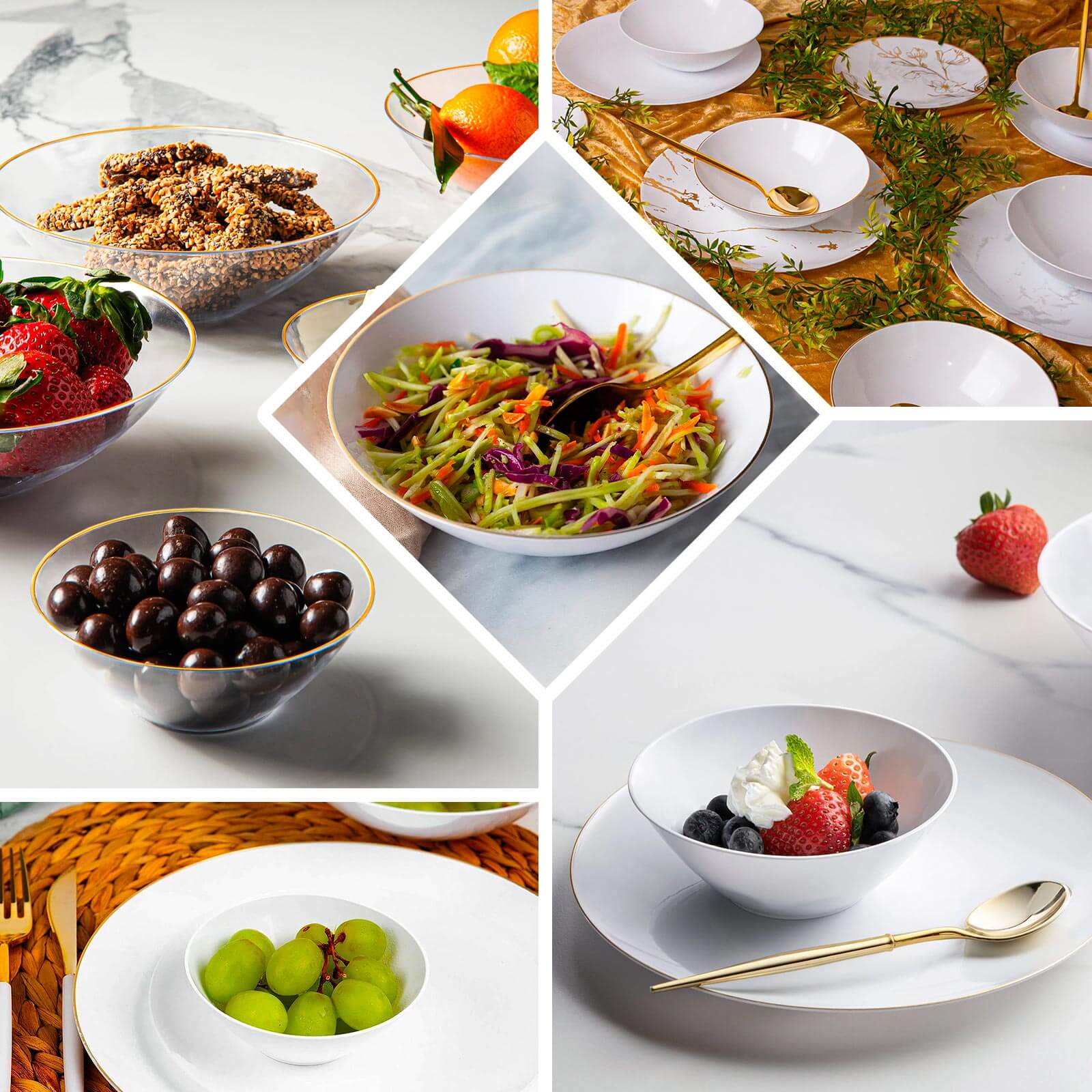 24-Pack Heavy Duty Plastic Ice Cream Bowls Glossy White Gold Rim Premium - Great for Events 7oz