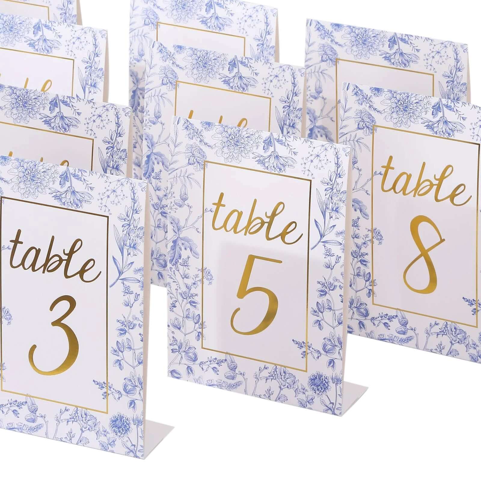 25-Pack Paper Wedding Table Numbers 1-25 White/Blue French Toile Design - Free Standing Double Sided Table Signs with Glam Gold Foil Numbers 7"